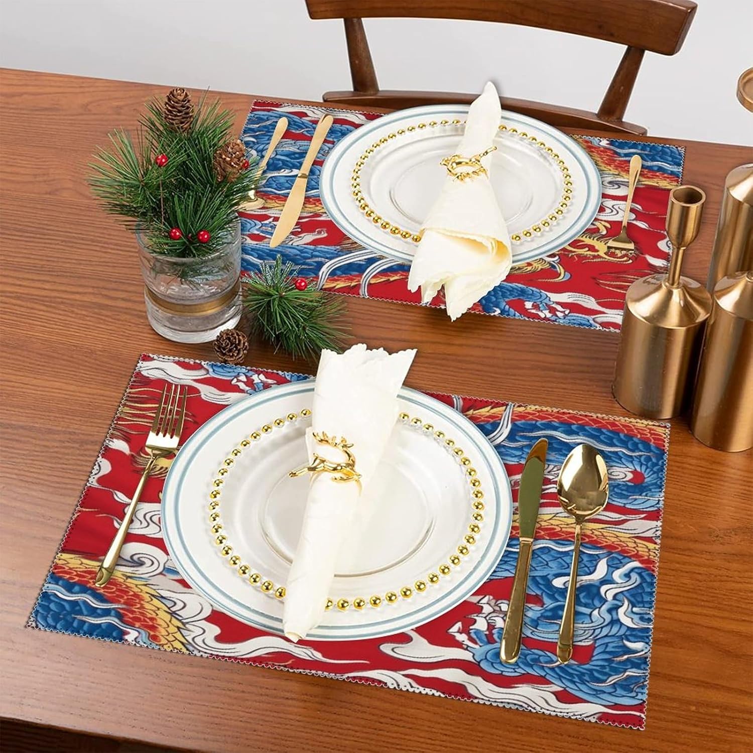 Juego de 4 manteles individuales de dragón chino naranja, rojo y azul, estilo granja, para mesa de comedor, cocina, hotel, decoración lavable