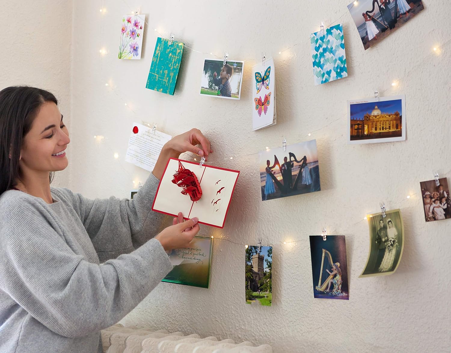 Guirnalda de luces de hadas con clip de fotos de 44 pies, 100 luces LED, 100 clips transparentes para colgar imágenes, alimentada por USB, 12