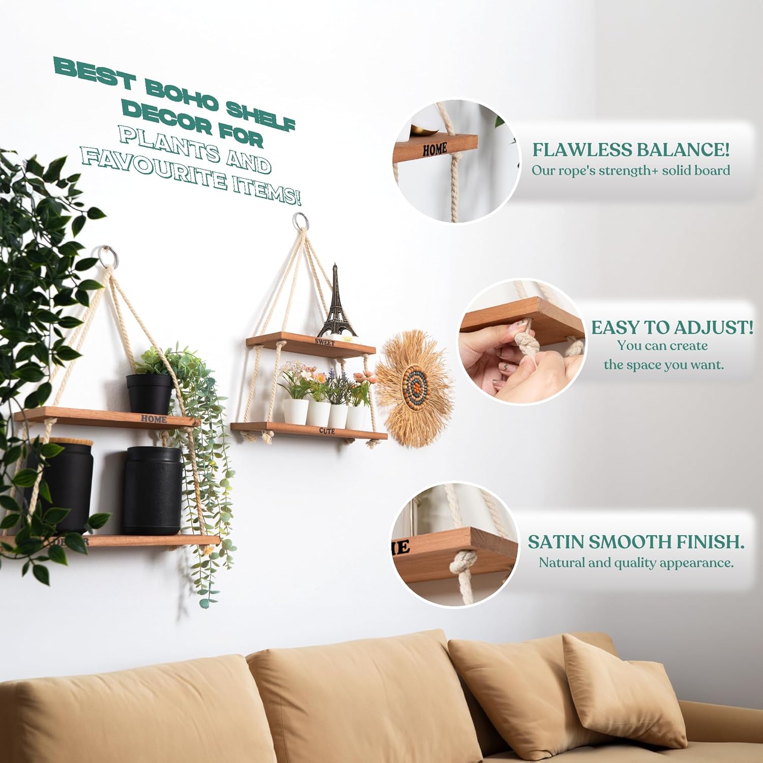 Estantes colgantes para pared, estante colgante para plantas, estantes bohemios de madera para decoración de dormitorio de otoño, estantes de cuerda