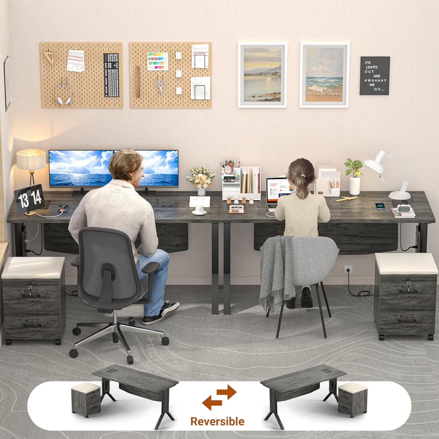 armocity Escritorio para computadora de juegos 55 con mesa auxiliar rodante, escritorio grande de oficina en casa con archivador, escritorio