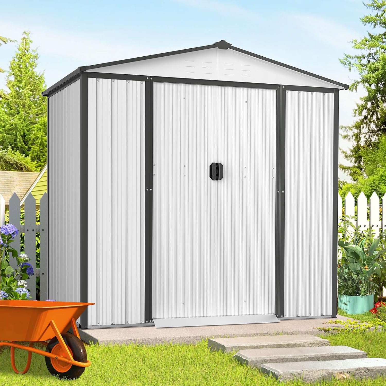 SUNCROWN Cobertizo de almacenamiento de jardín al aire libre, herramienta de almacenamiento de patio trasero de 4 x 6 pies con puerta corredera para