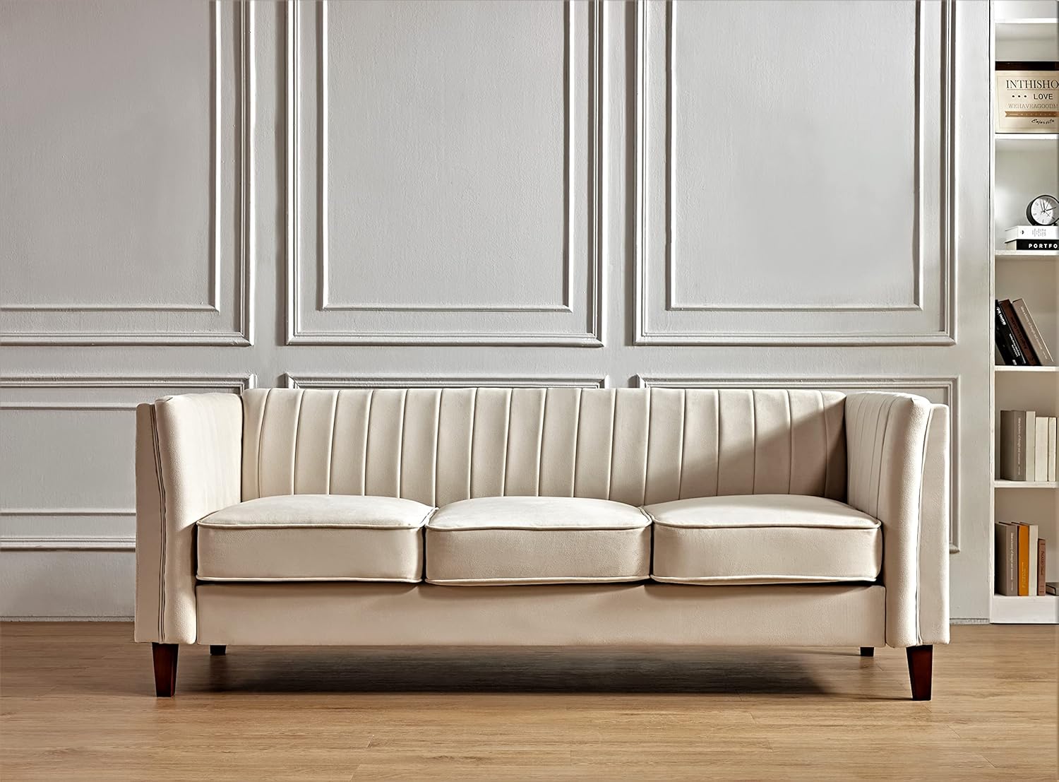 Container Furniture Direct Sofá moderno de terciopelo de lujo para sala de estar, con espuma de alta densidad, tapicería de tela suave, cojines