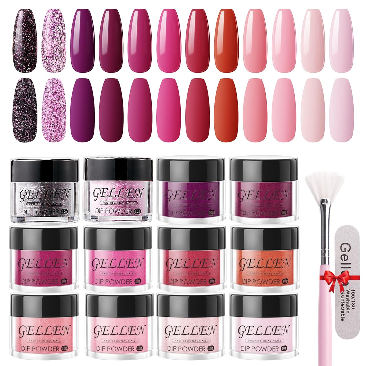 Gellen Kit de polvo de inmersión para uñas, 12 colores calienterosa claro, rojo, kit de iniciación de uñas de inmersión rosa, rosa, rosa, rojo,