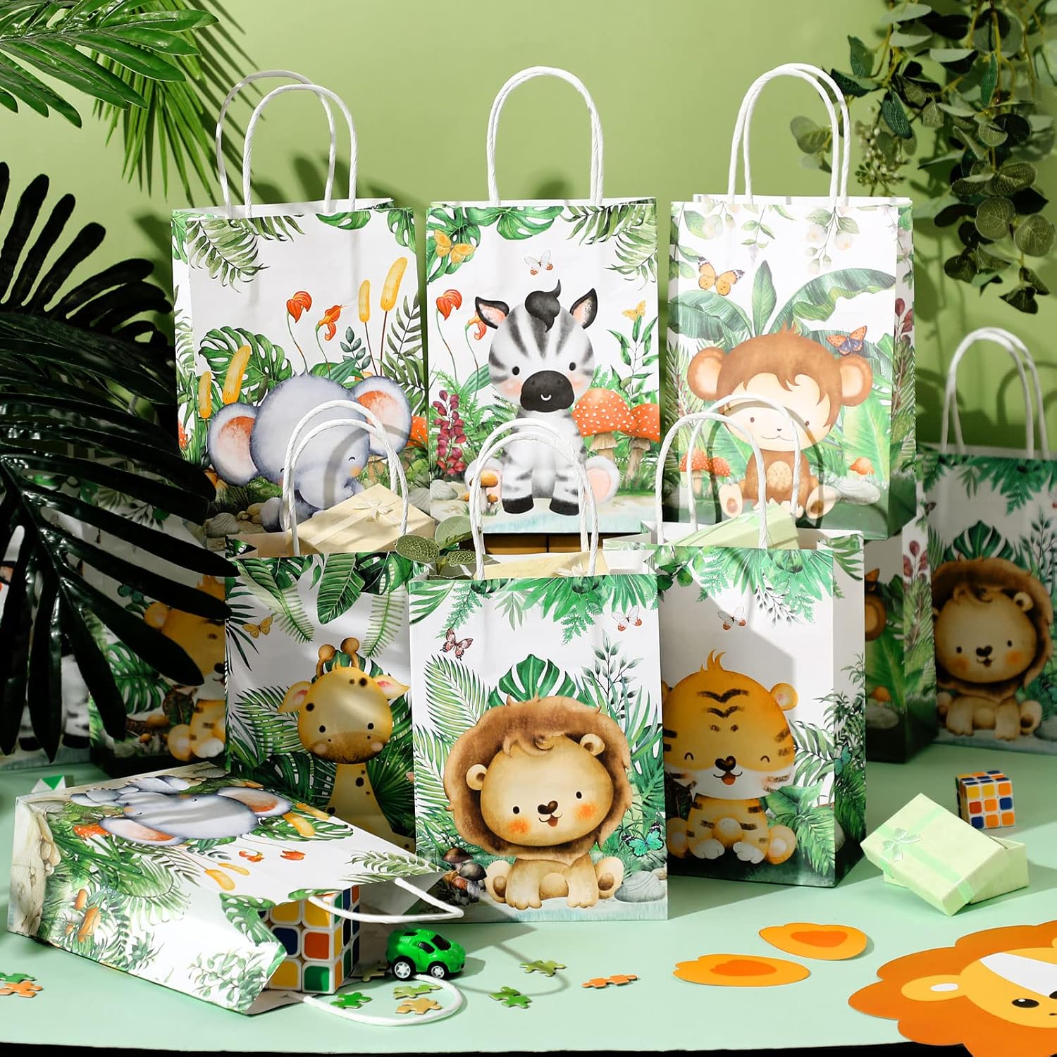 TaoBary Bolsas de regalo de animales con asas, león, tigre, elefante, mono, jirafa, bolsas de regalo para niños, fiesta temática de safari,