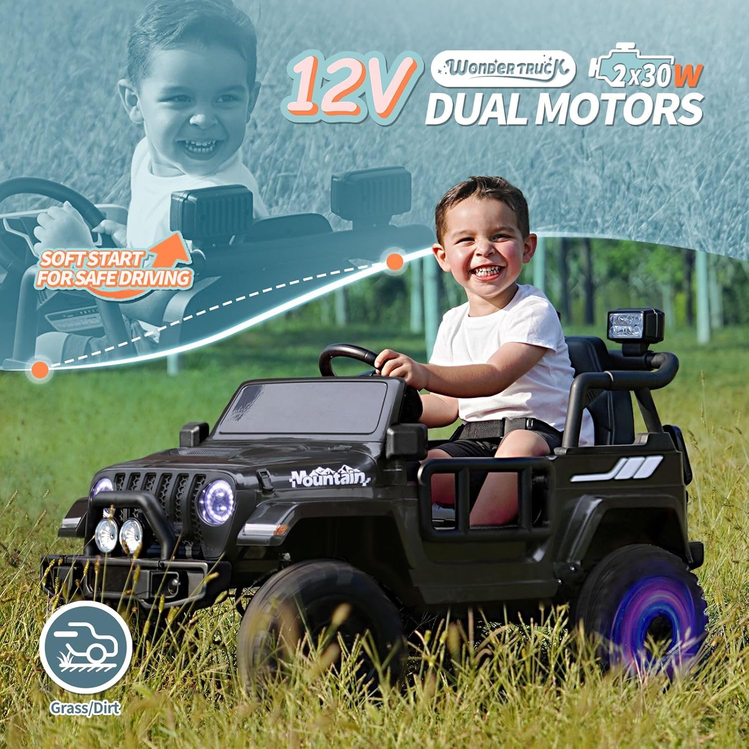 Joywhale Vehículo eléctrico motorizado para niños de 12 V, con control remoto, suspensión de 4 ruedas, luces LED, música y FM, cinturón de