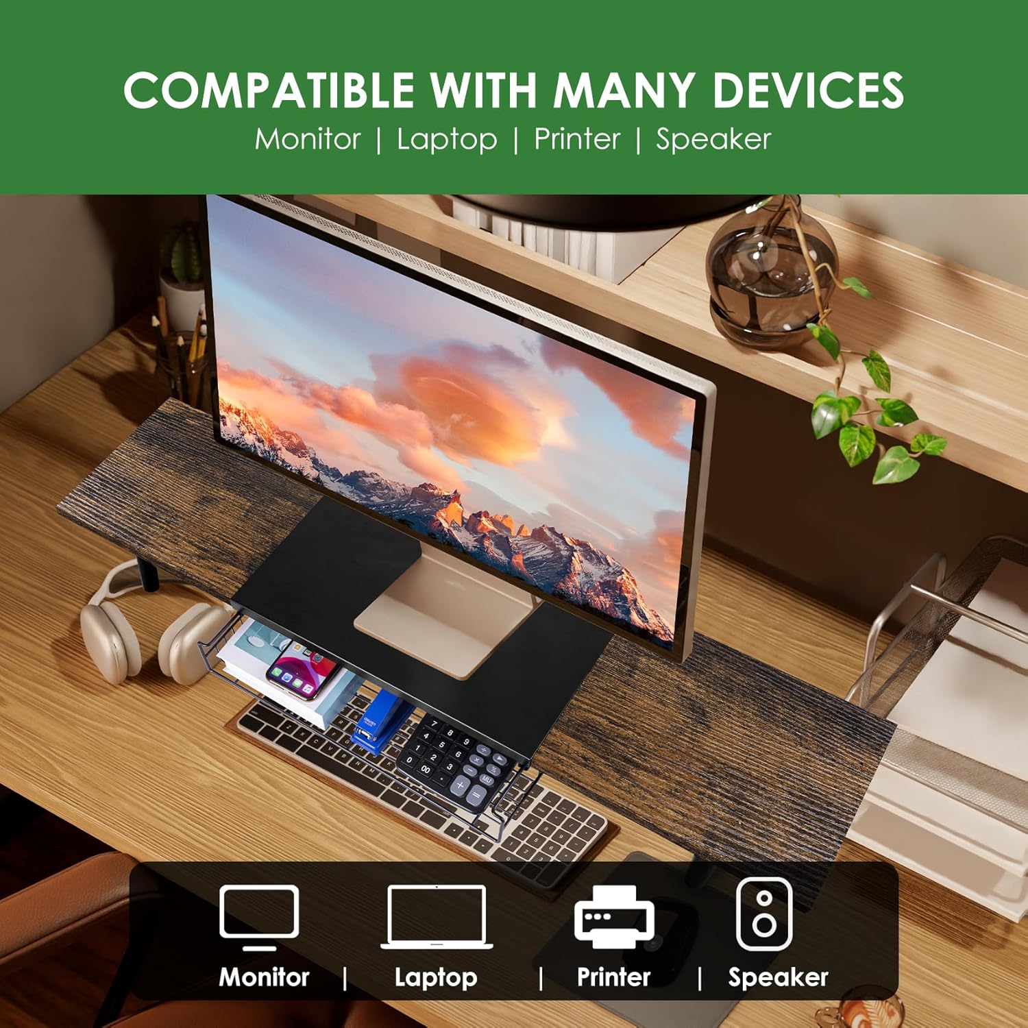 Soporte de monitor doble para 2 monitores, elevador de TV grande con organizador de escritorio de longitud ajustable, soporte de monitor de