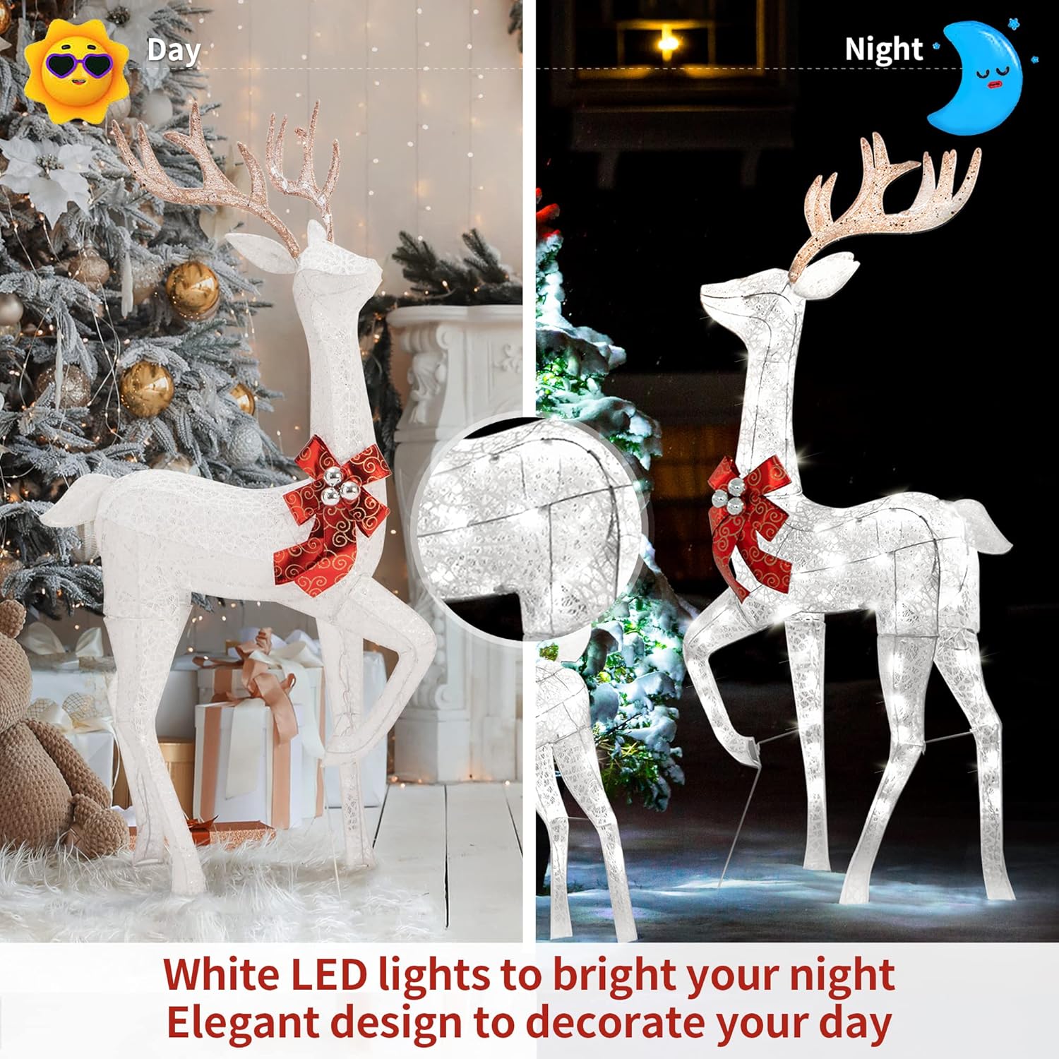 GENIMO 3 piezas de decoración navideña de renos para exteriores, familia de ciervos preiluminados con 365 luces LED, renos iluminados para