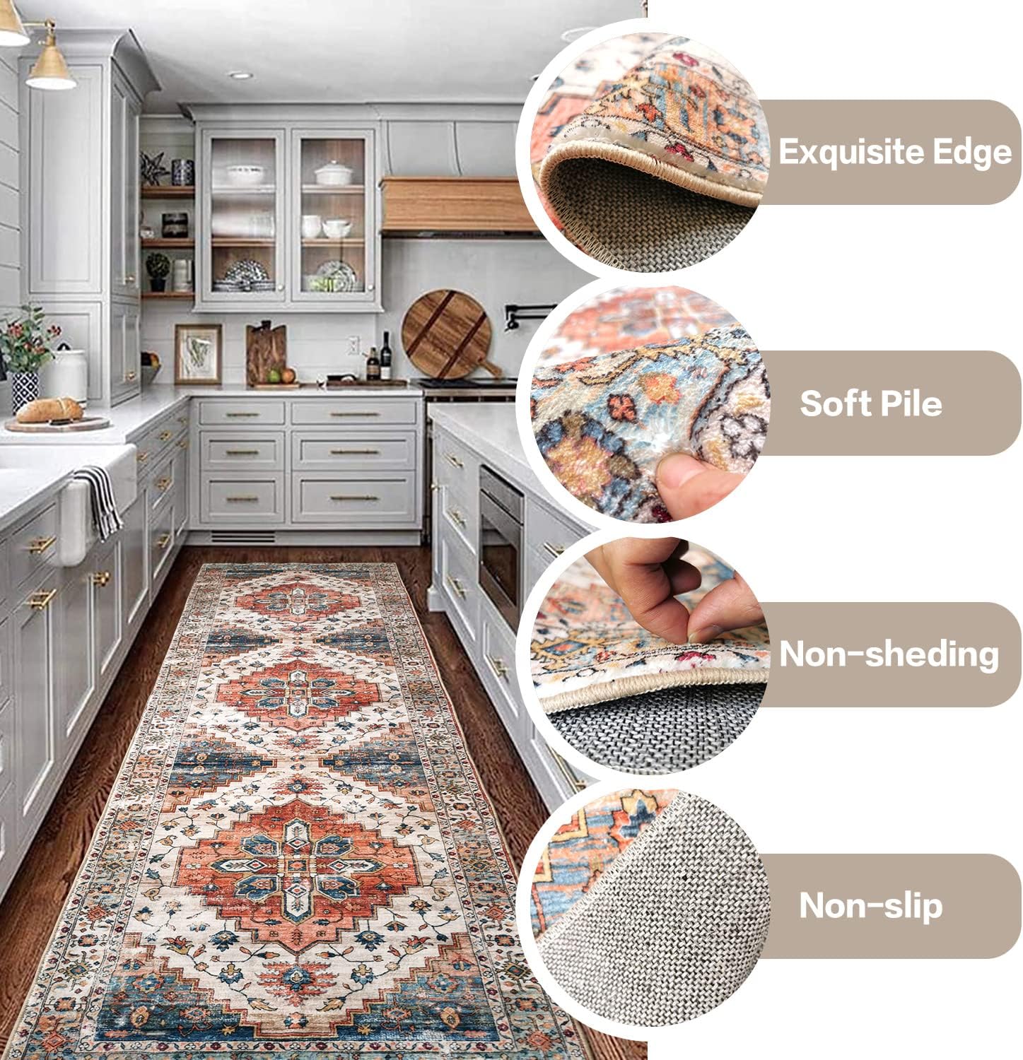 Aopota Hallway Runner Rug with Rubber Backing Low Pile Large Rug Runner Vintage Rug Retro Distressed Carpet Thin Foldable Non Slip Bathroom Kitchen