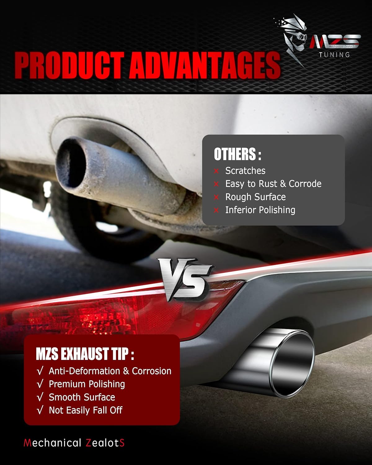 MZS Punta de escape, acero inoxidable 2.5 “Entrada 4″ Salida 17” Longitud Diesel Escape Tubo de escape universal Corte de ángulo inclinado