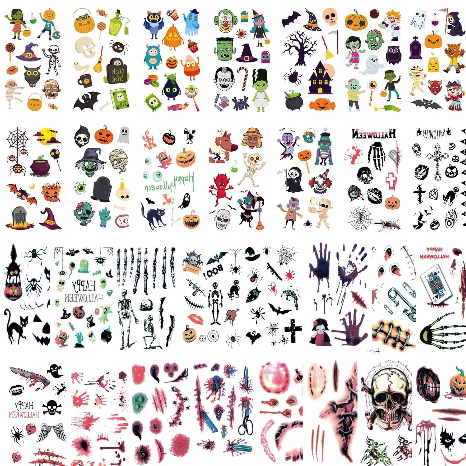 300+ Mixed Styles Temporary Tattoos for Halloween Fun – Both Cute and Scary Patterns – Pumpkin Sugar Spider Scar Skeleton Zombie & More Designs for
