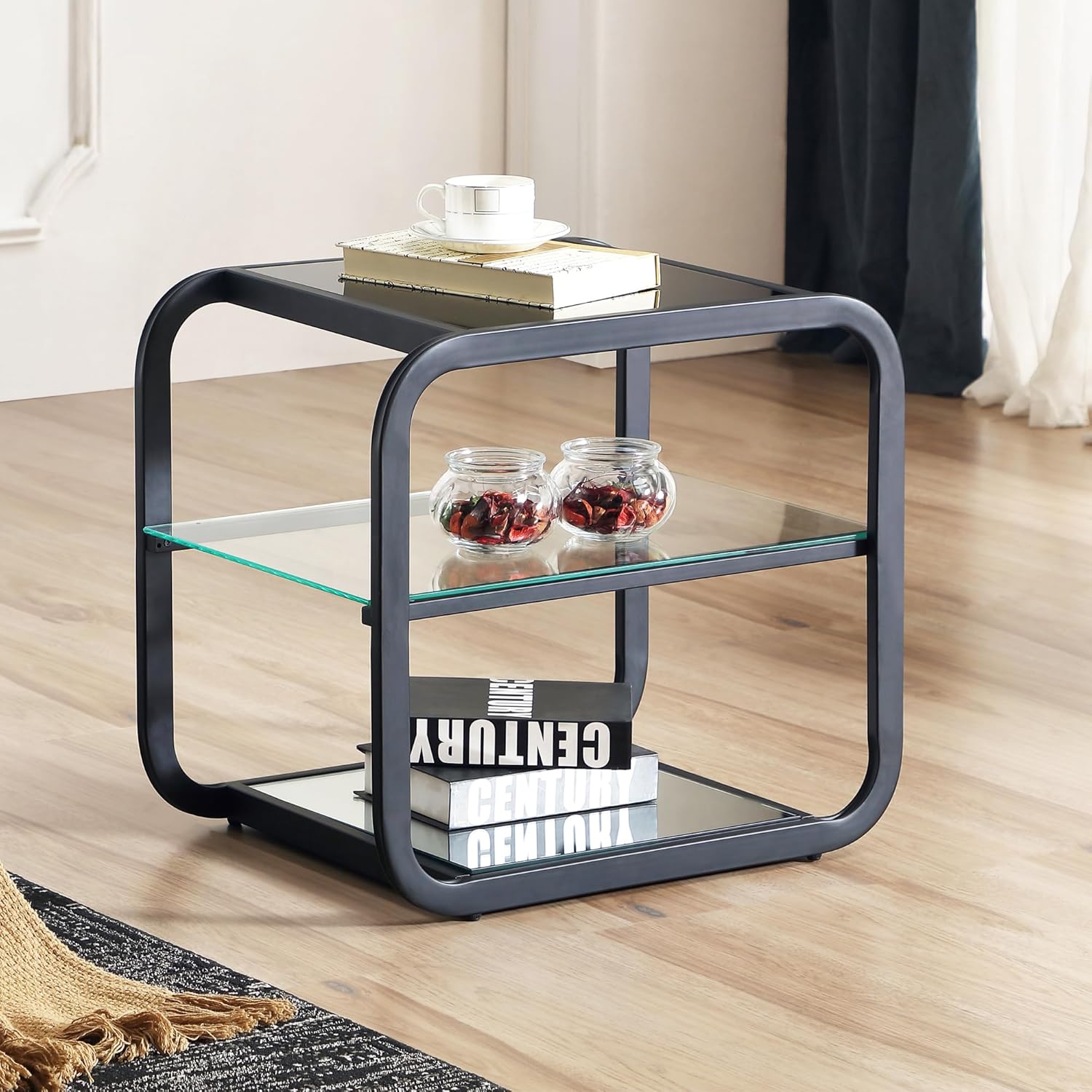 Get Set Style Mesa auxiliar con estante de almacenamiento de 3 niveles, mesa auxiliar cuadrada moderna, mesa auxiliar pequeña con marco de metal