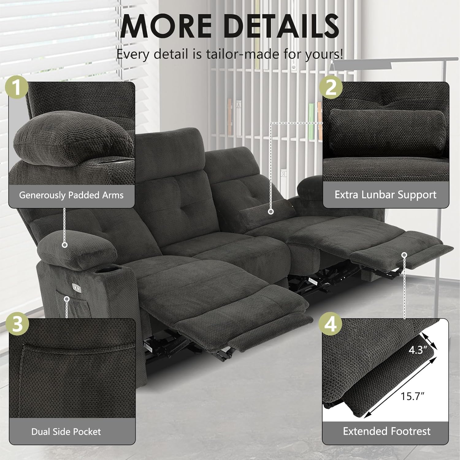 Consofa Juego de sofá reclinable para sala de estar, juego de sofá reclinable de 2 piezas, sofá reclinable eléctrico y reclinable, sofá reclinable,