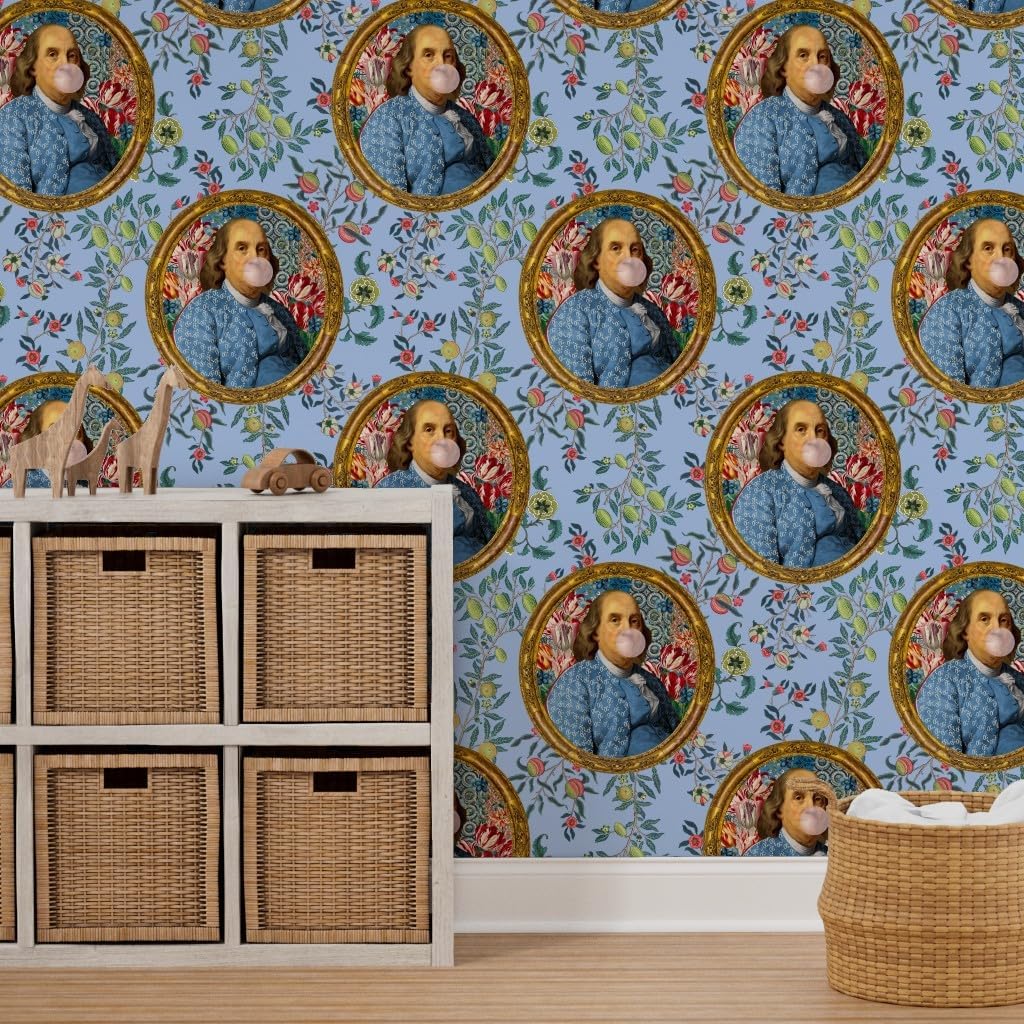 Spoonflower Papel tapiz extraíble de 12 x 2 pies  Benjamin Franklin Bubblegum Retrato Floral Estampado Azul Novedad Papel pintado personalizado
