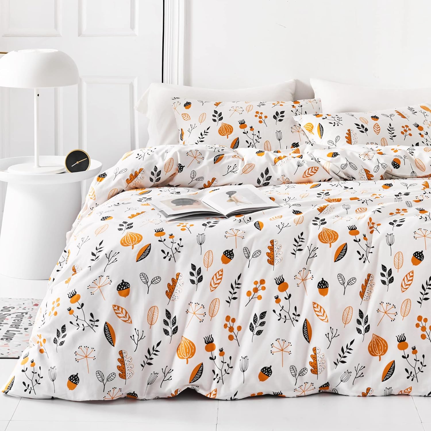 YuHeGuoJi Juego de funda de edredón floral negro y blanco tamaño Queen, 100% algodón, funda de edredón botánica naranja, juego de 3 piezas, 1 funda