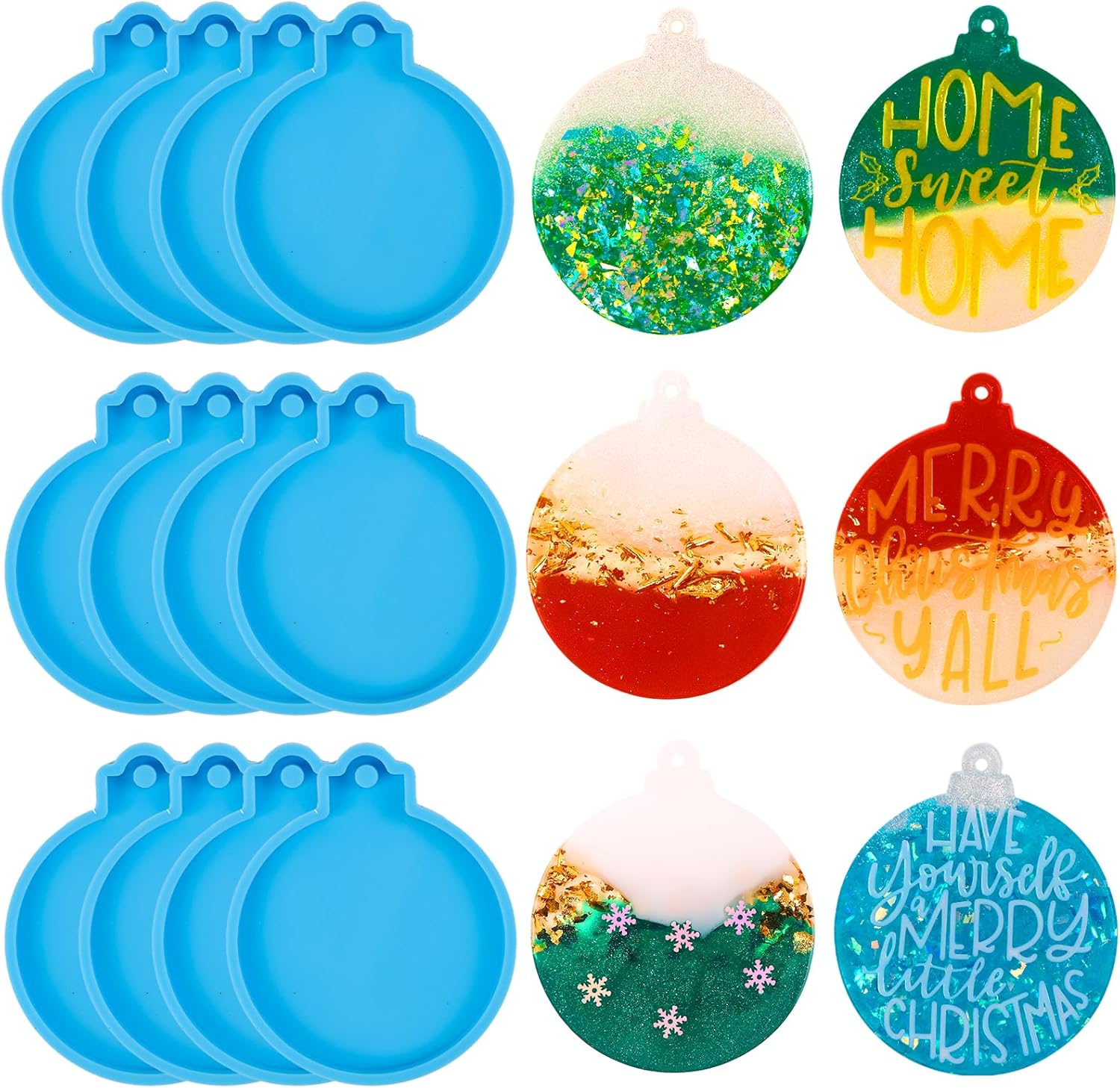 Vellibring 12 moldes de resina de Navidad de silicona, moldes de resina epoxi, moldes de resina de forma redonda azul, moldes de resina de Navidad