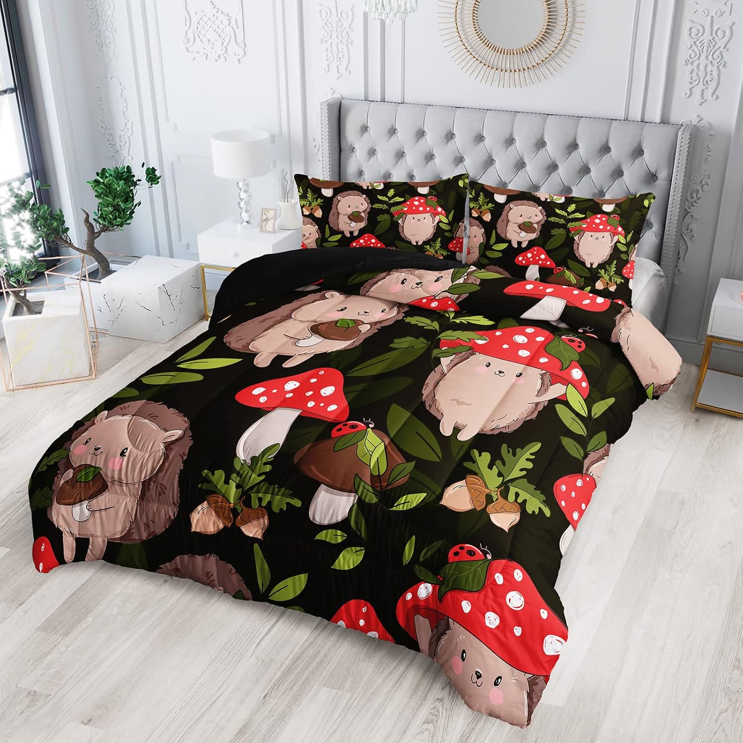 Juego de ropa de cama de erizo lindo juego de edredón de hongos rojos y negros, avellana, hongos salvajes botánico con 2 fundas de almohada, tamaño