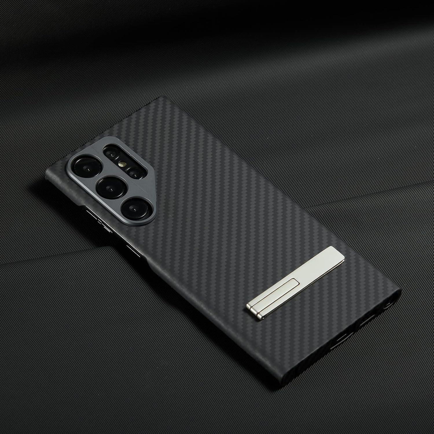 Funda compatible con Samsung Galaxy S23 Ultra, con soporte, fibra de carbono de aramida, diseño de moda para protección de lente de metal de