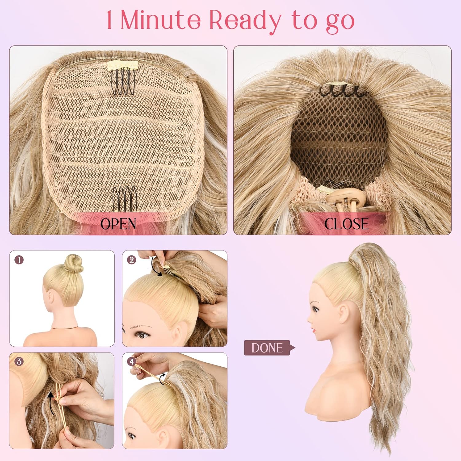 HOOJIH Extensión de cola de caballo, extensiones de cabello con cordón, 26 pulgadas de largo, rizado, ondulado, sintético, postizo natural para