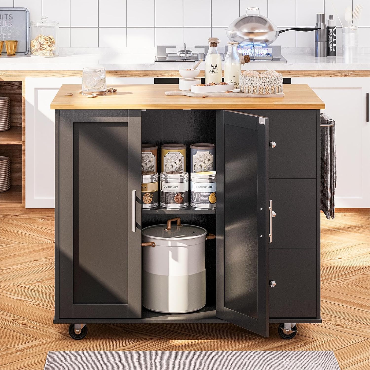 SUNLEI Isla de cocina con ruedas con armario de almacenamiento y hoja plegable, mesa de cocina rodante, asa de carrito para toallero, hoja caída,