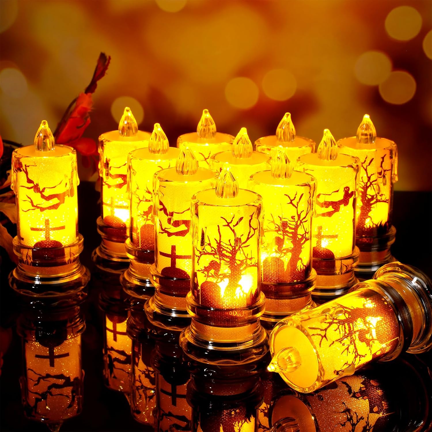 LOYIM 12 velas de Halloween sin llama que funcionan con pilas, velas LED 3D de luz cálida, velas de pilar de cristal con piedra sepulcral y gato