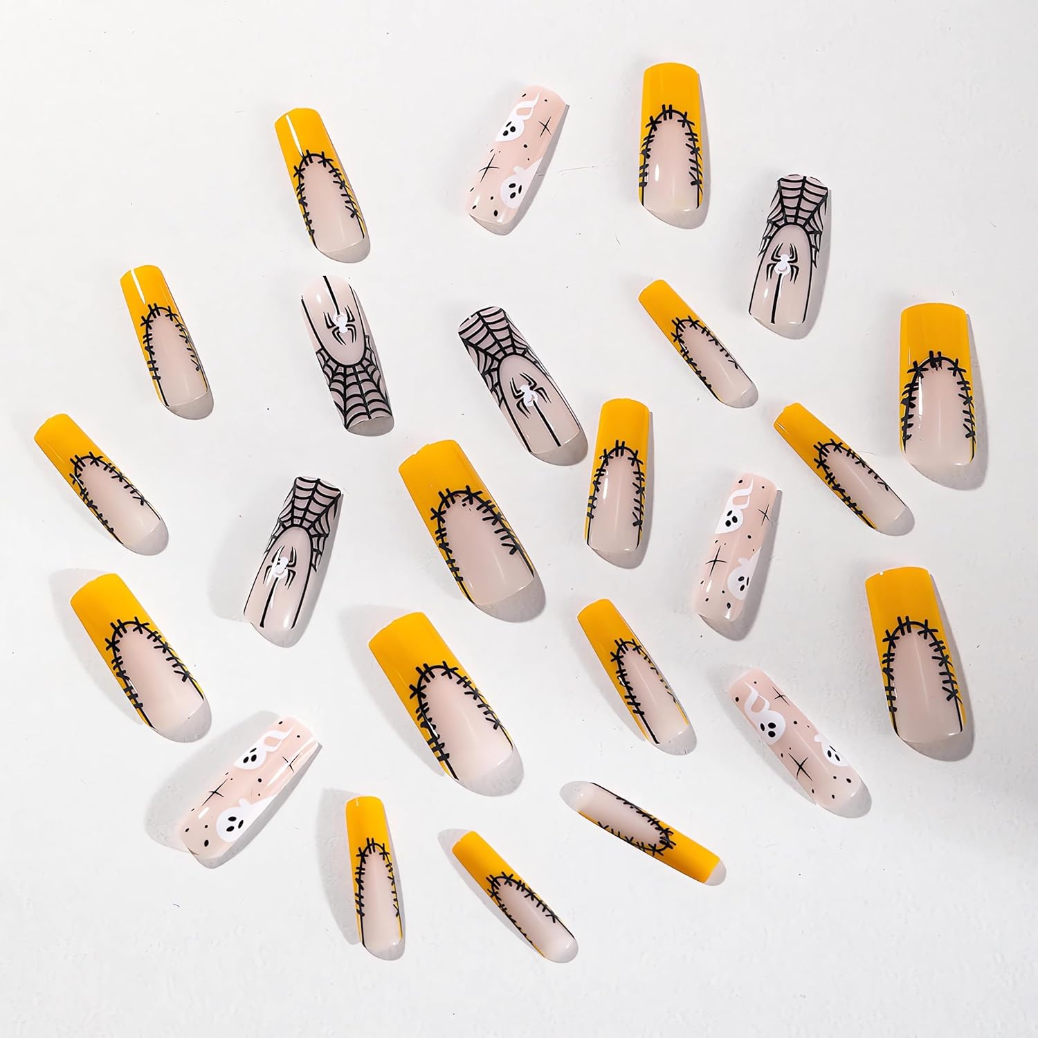 Uñas largas cuadradas de Halloween a presión con bonito diseño de telaraña fantasma, uñas postizas de Halloween, color naranja brillante, punta