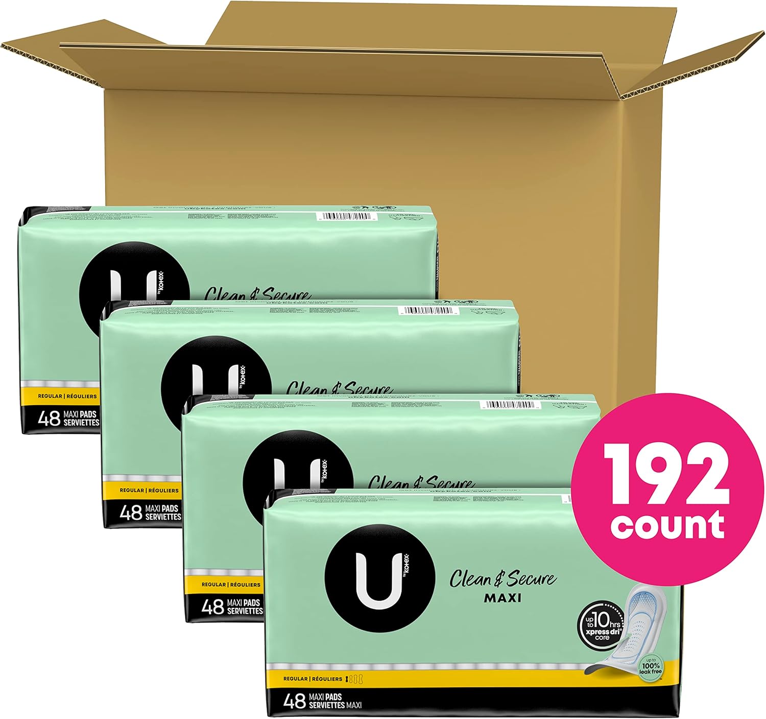U by Kotex Clean & Secure Maxi Pads, absorción regular, 192 unidades (4 paquetes de 48) (el embalaje puede variar)