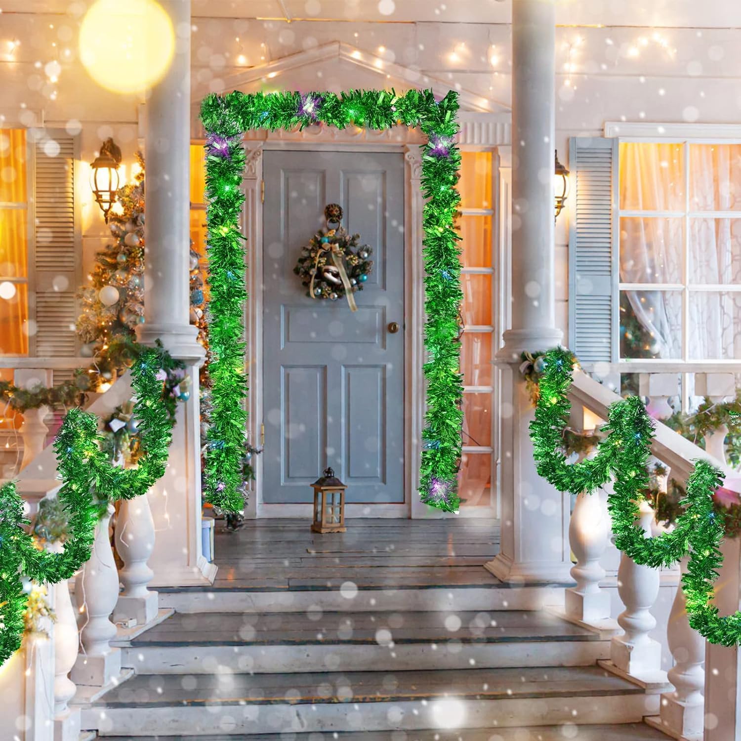 Guirnalda de oropel de Navidad preiluminada de 19.7 pies, guirnalda de oropel metálico verde con luces LED, funciona con pilas, guirnalda de