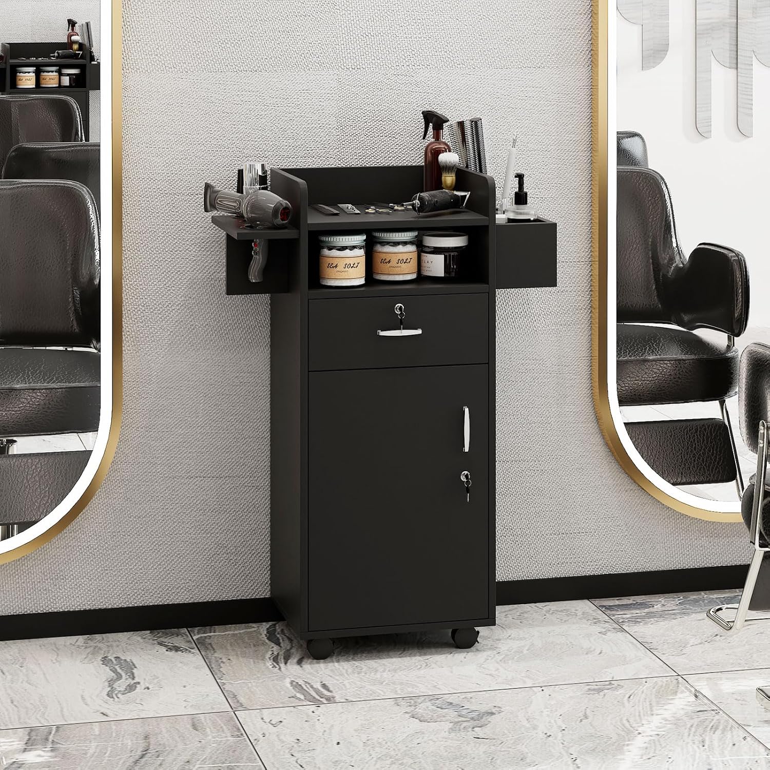Estaciones de peluquería para estilistas, gabinete de peluquería para estilista con cajones de bloqueo y 6 fundas de herramientas, equipo de salón