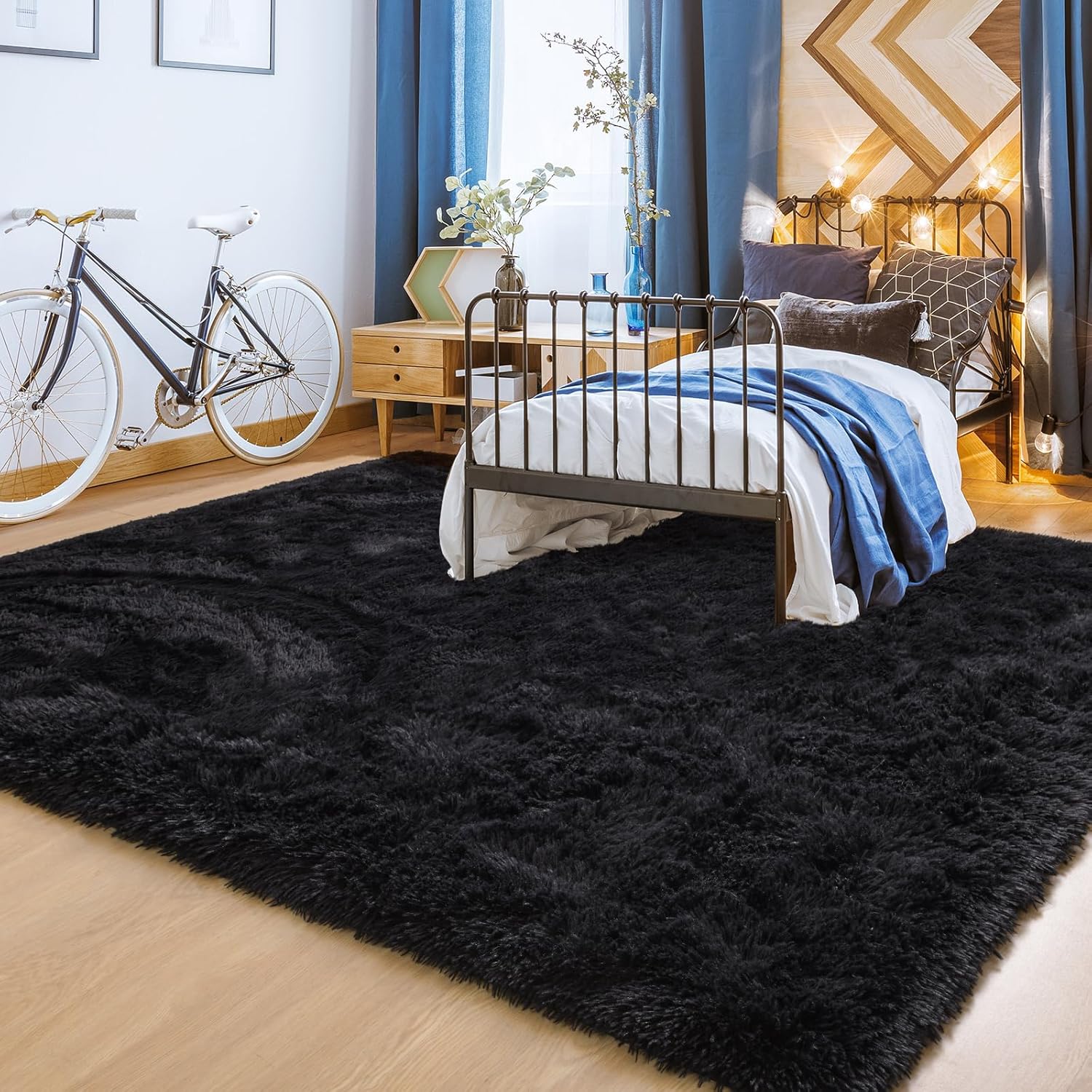 YJ.GWL Alfombras suaves y esponjosas para dormitorio, sala de estar, alfombra de felpa negra para guardería, sala de juegos, dormitorio, alfombra