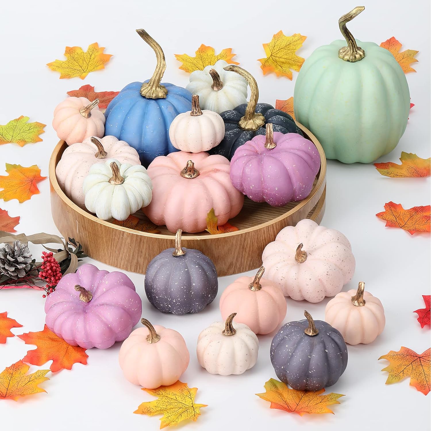 18 calabazas artificiales pequeñas de espuma falsa a granel, decoración de calabaza de otoño rosa y azul, decoraciones para el hogar, festivales,