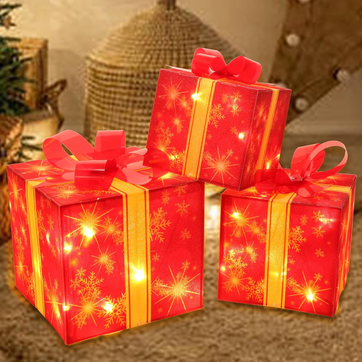 Cajas iluminadas de Navidad, juego de 3 cajas de regalo iluminadas con temporizador de 60 luces LED, funciona con pilas, decoraciones navideñas para