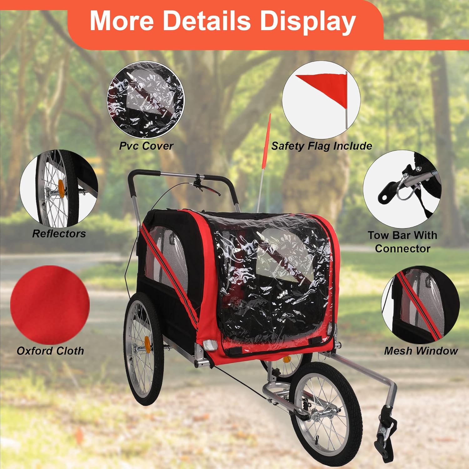Carrito de remolque de bicicleta para perros, 2 en 1, para mascotas, para viajes, con reflectores, freno de estacionamiento, acoplador universal de