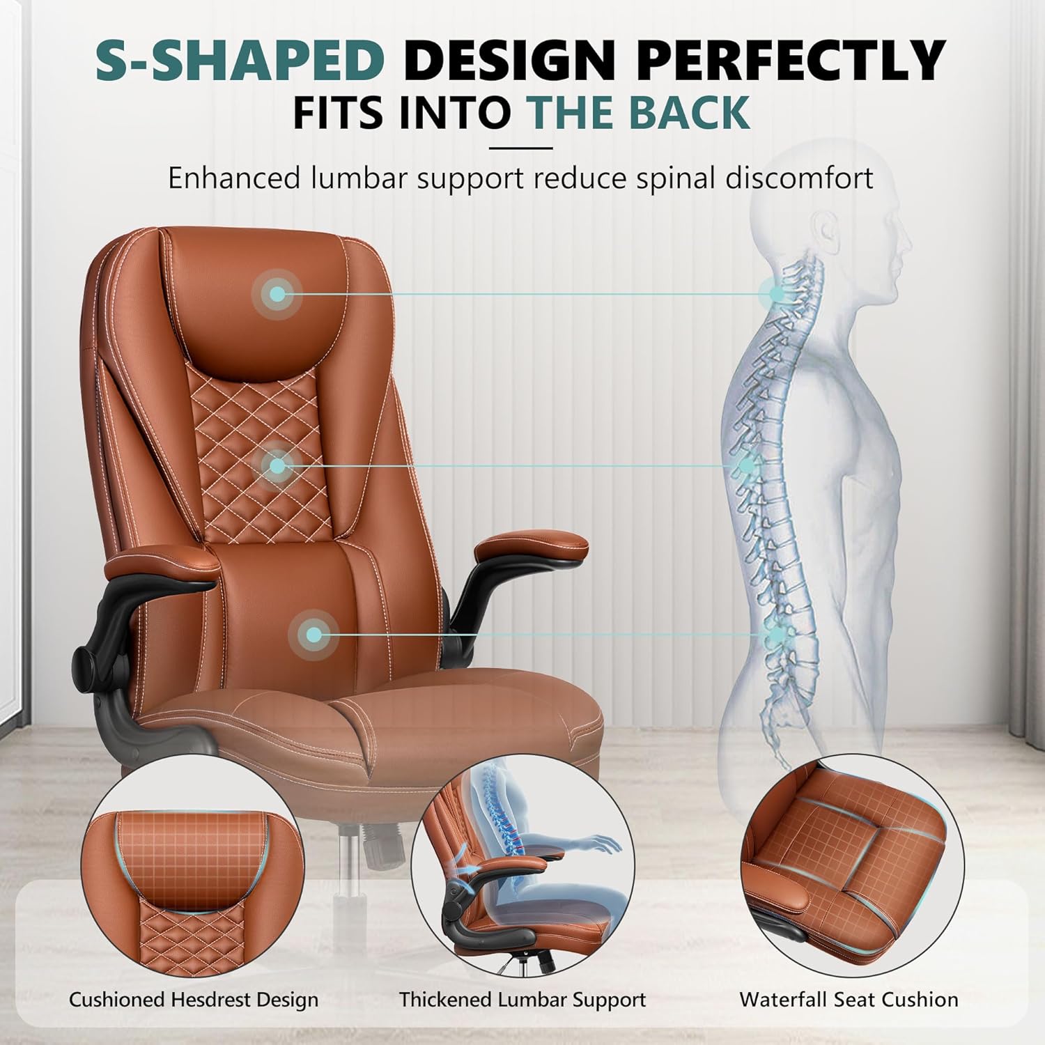 Silla de oficina, silla de oficina grande y alta, silla de oficina ejecutiva, silla ergonómica de cuero con soporte lumbar, sillas de escritorio