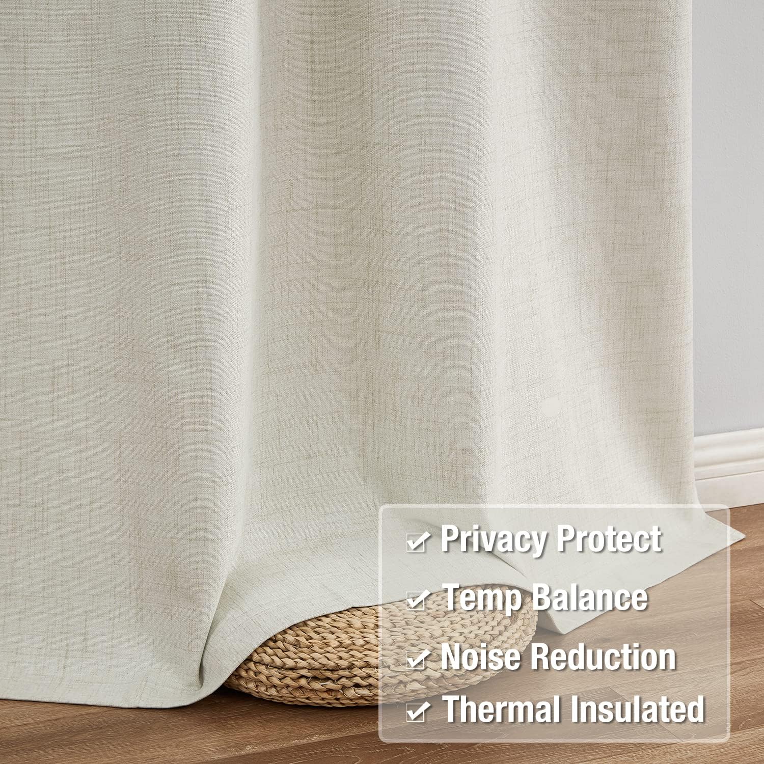 Urban Lotus Cortinas opacas completas de color marfil para sala de estar, triple tejido, con aislamiento térmico, cortinas de lino beige natural,