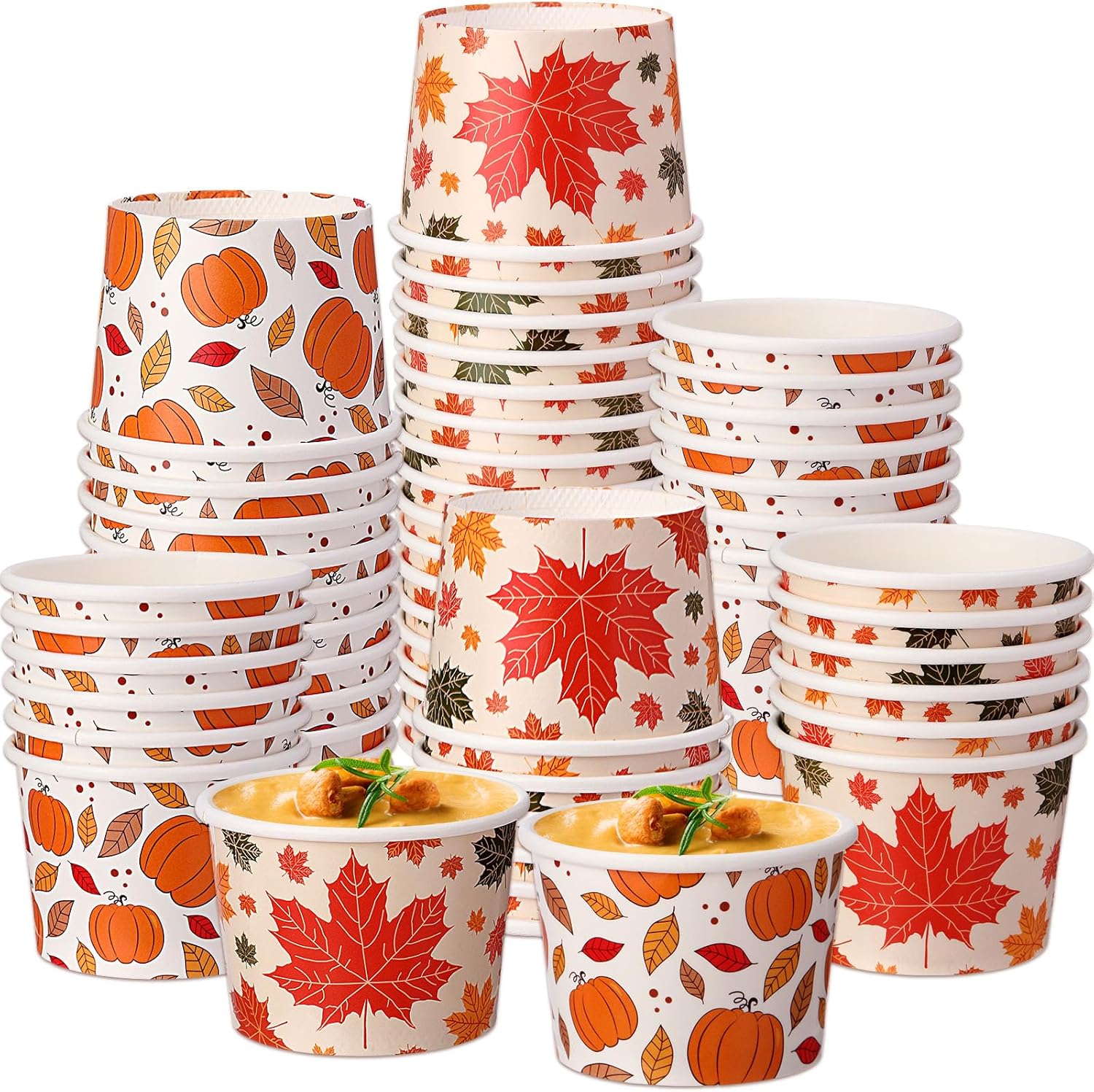 Sliner 100 cuencos de papel con temática de otoño de 9 onzas para postre y Día de Acción de Gracias, tazas desechables para helado de hoja de arce,