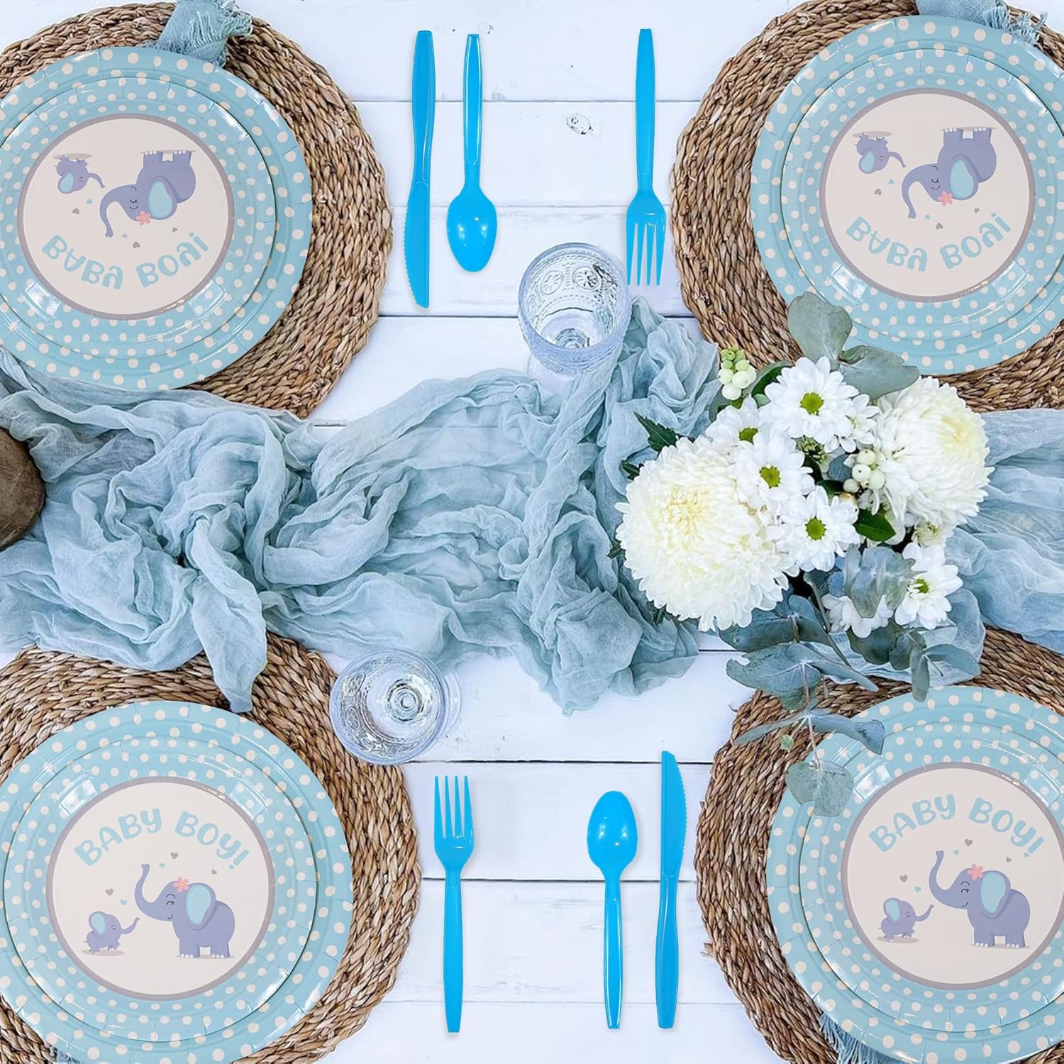 201 piezas de decoración de baby shower de elefante azul para niños, suministros de fiesta de cumpleaños para bebé, mantel, platos de papel,