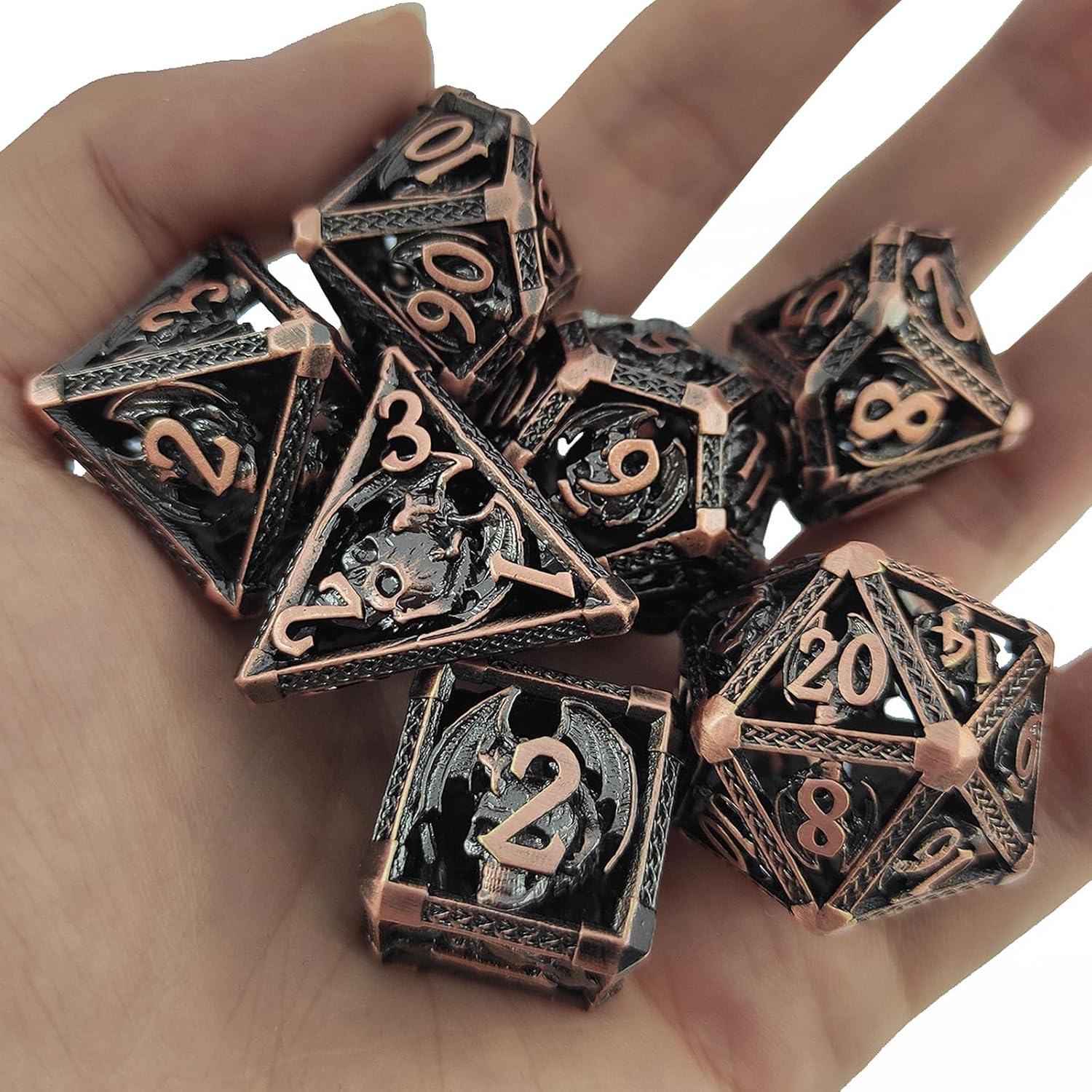 AHDKEJG DND – Juego de dados D&D, 7 piezas de metal hueco de mazmorras y dragones poliedro con bolsa de dados de regalo, RPG, MTG, juego de rol,