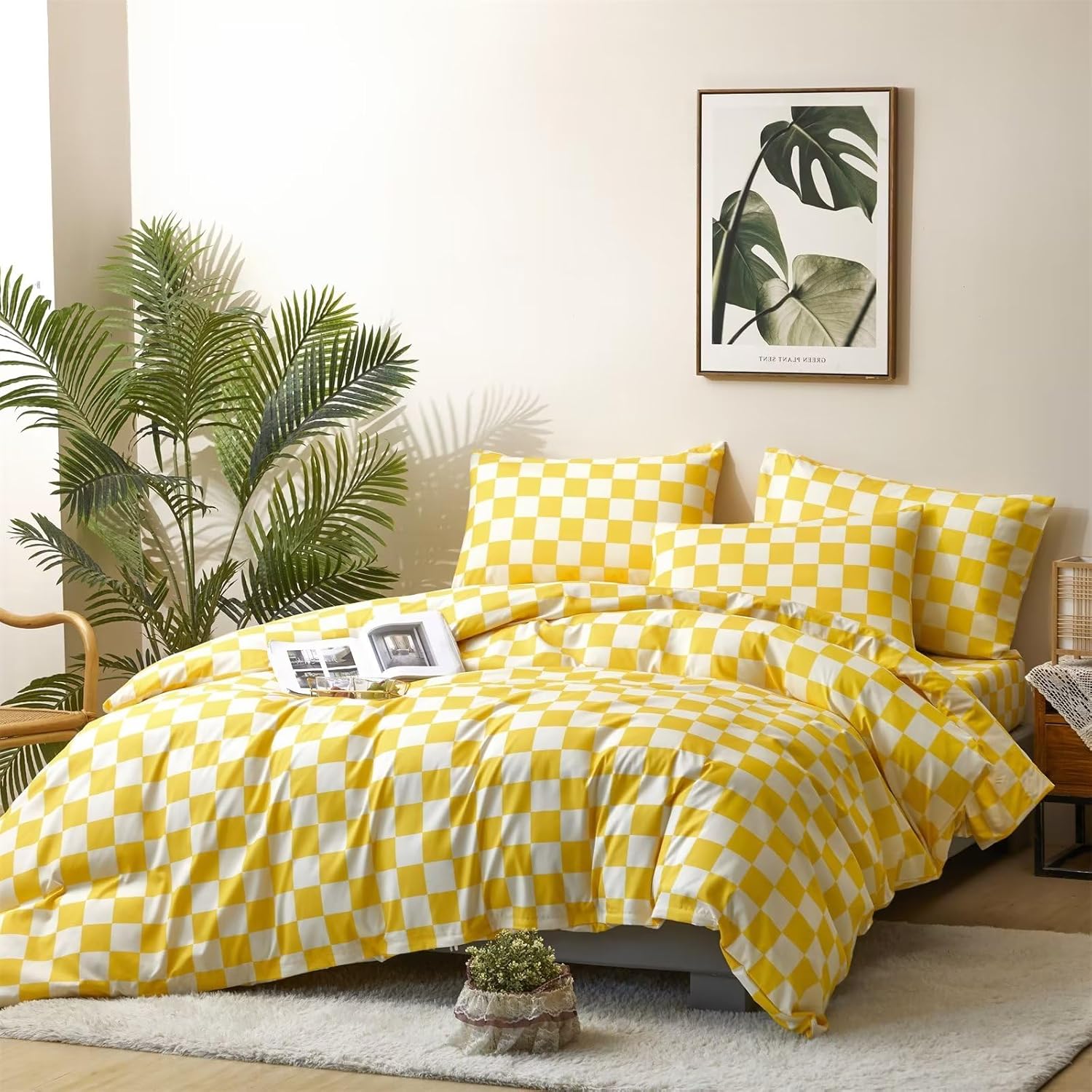 Cottonight Juego de edredón amarillo tamaño Queen, juego de ropa de cama a cuadros con patrón de cuadros amarillo brillante y blanco, edredón suave