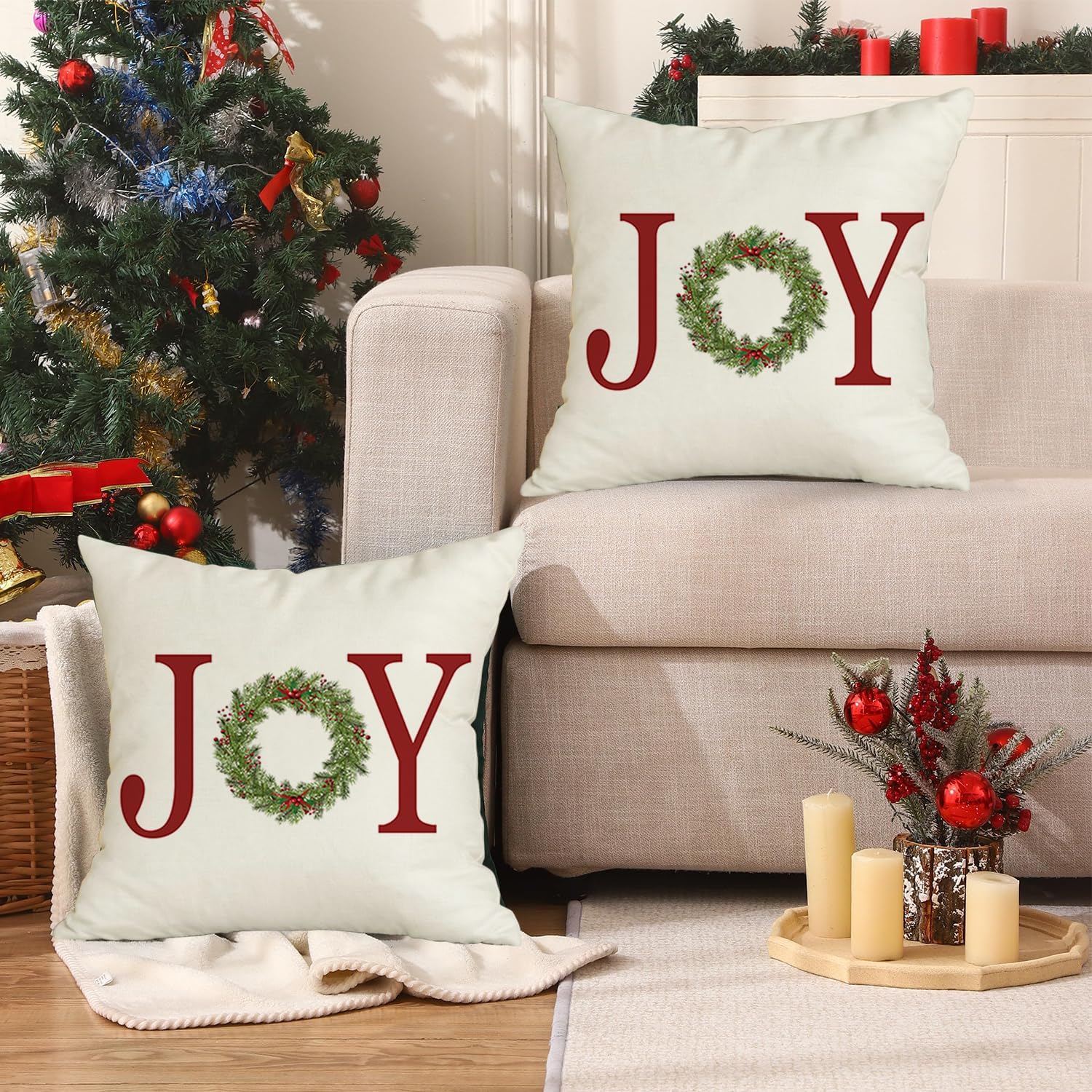 RABUSOFA Fundas de almohada de Navidad de 18 x 18 pulgadas, fundas de almohada decorativas de Navidad, fundas de cojín decorativas con corona de