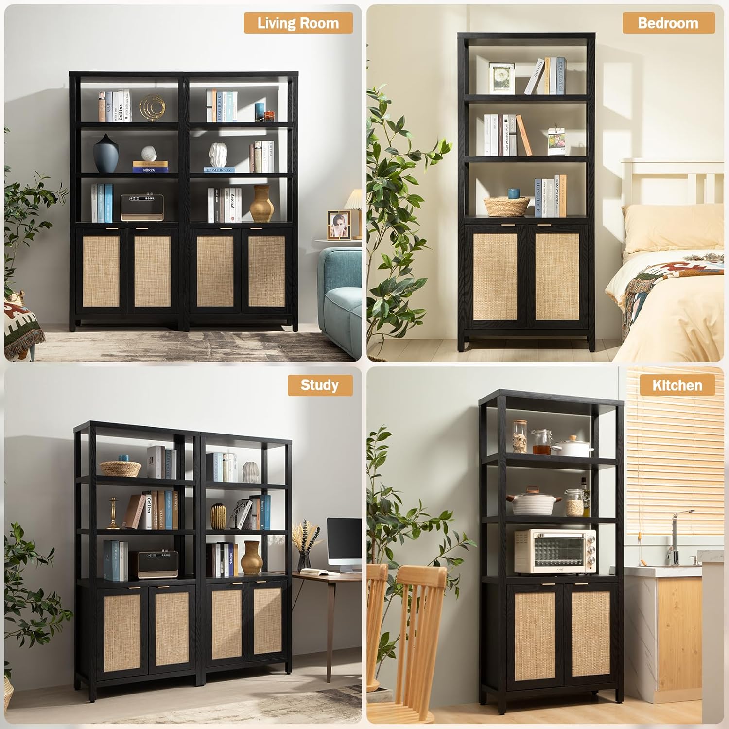SICOTAS – Estantería de ratán alta estilo bohemio con puertas y 5 niveles, estante de madera grande estilo casa de campo, para sala de estar,