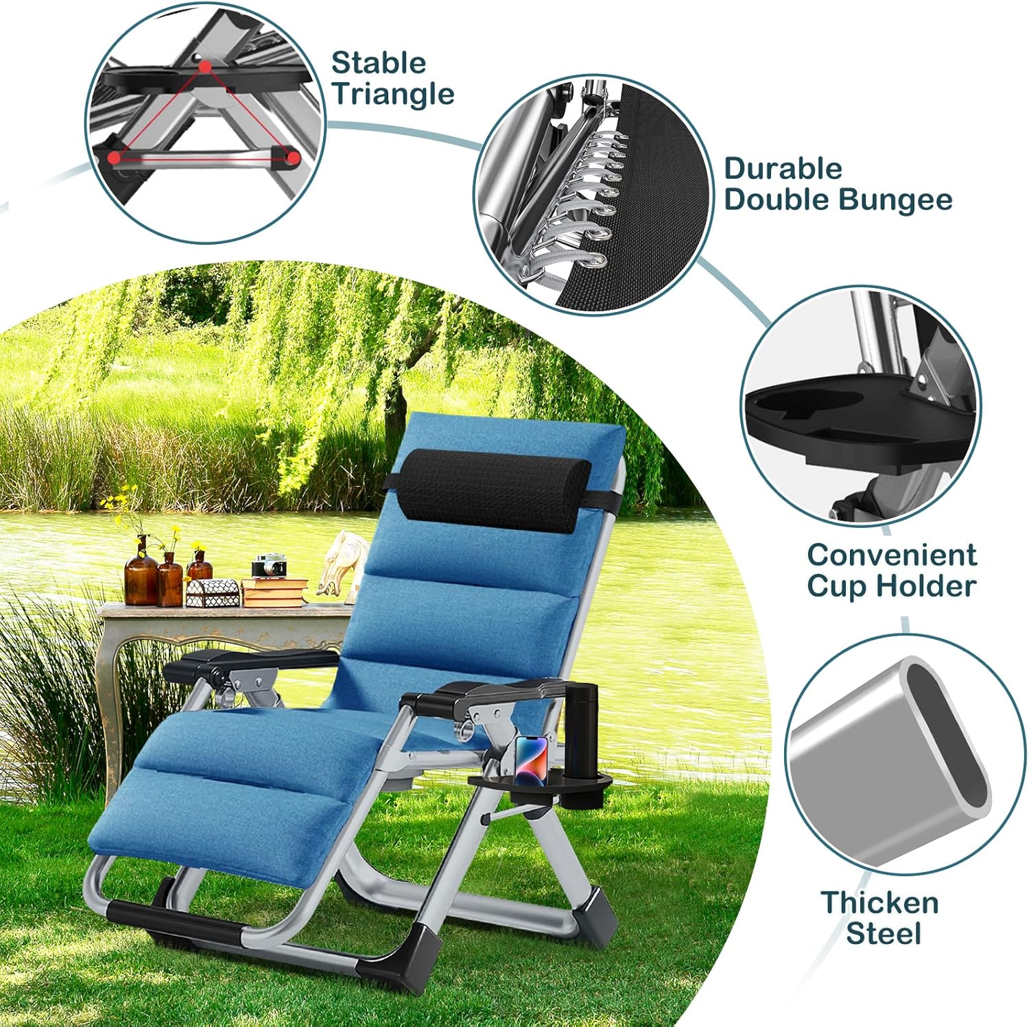 NAIZEA Silla de salón acolchada de gravedad cero, sillas reclinables plegables ajustables con soporte para tazas, sillas reclinables ergonómicas