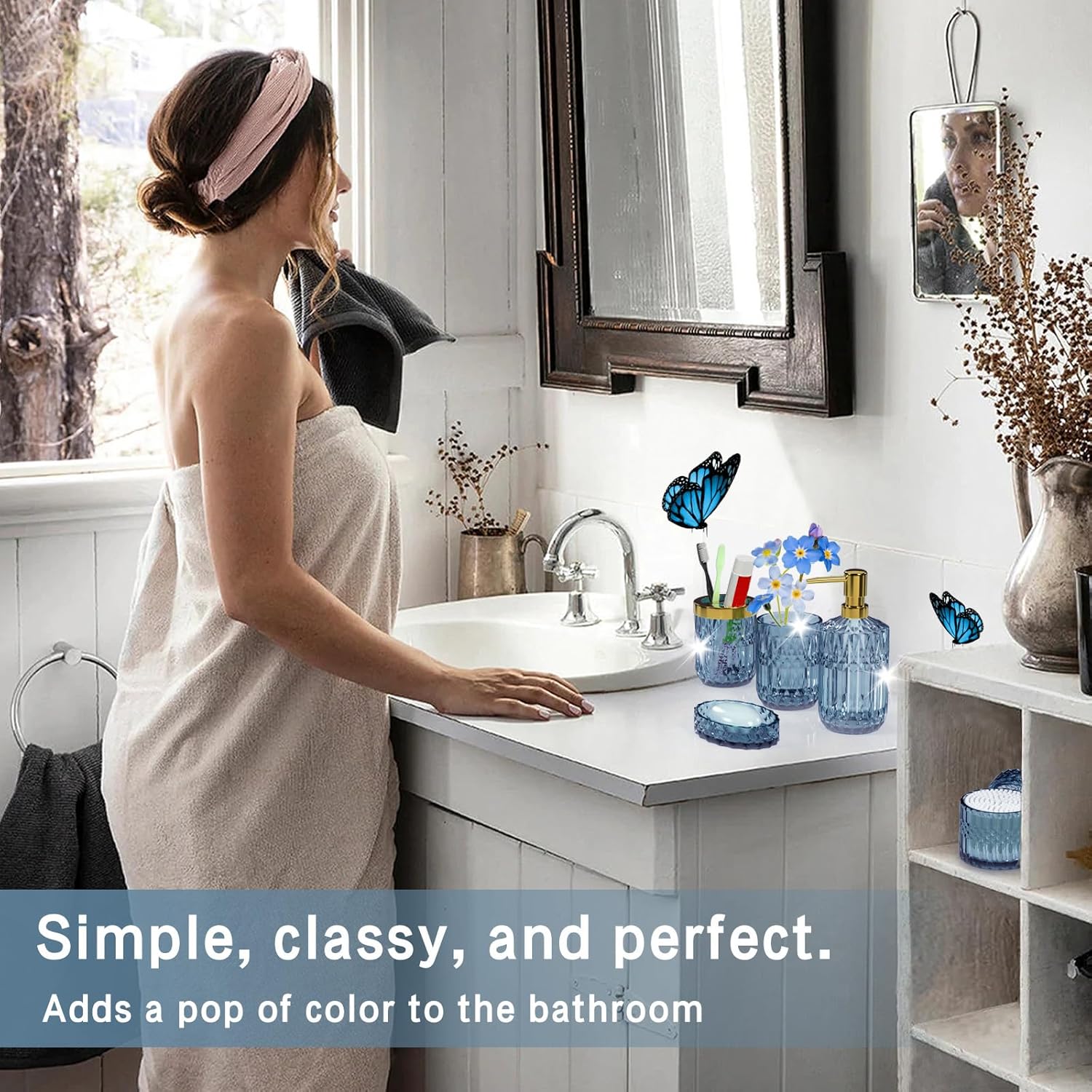 Juego de 5 accesorios de baño azules, modernos accesorios de baño de vidrio con dispensador de jabón de loción, jabonera, soporte para cepillos de