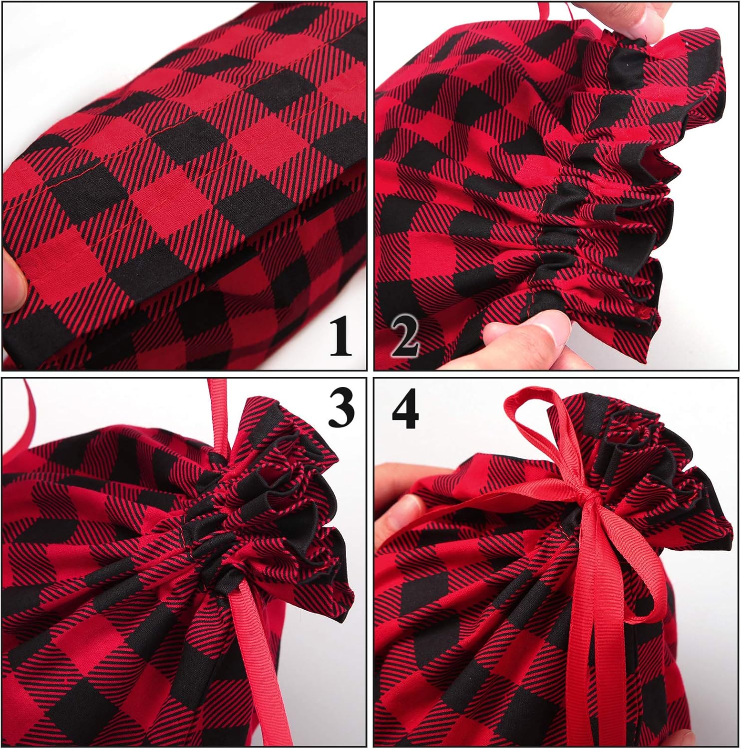 Aneco Paquete de 3 bolsas de Navidad de algodón a cuadros de 23 x 17.5 pulgadas, tamaño grande, con cordón, bolsa de almacenamiento para calcetines,