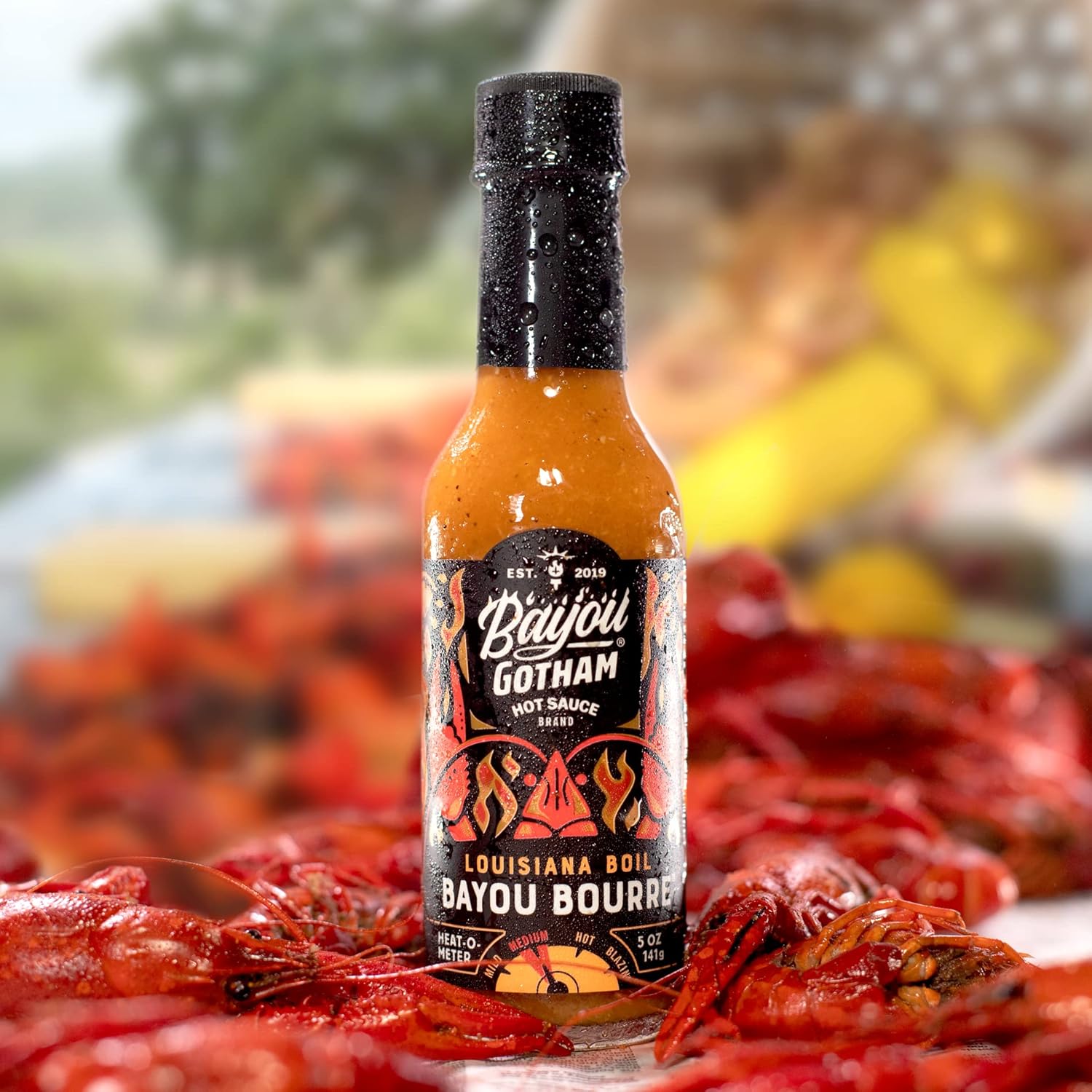 Bayou Gotham BAYOU BOURRE Louisiana Boil – Cayena, ajo, cebolla, apio, cítricos, maíz amarillo y papas rojas – Vegano, sin gluten, bajo en sodio –