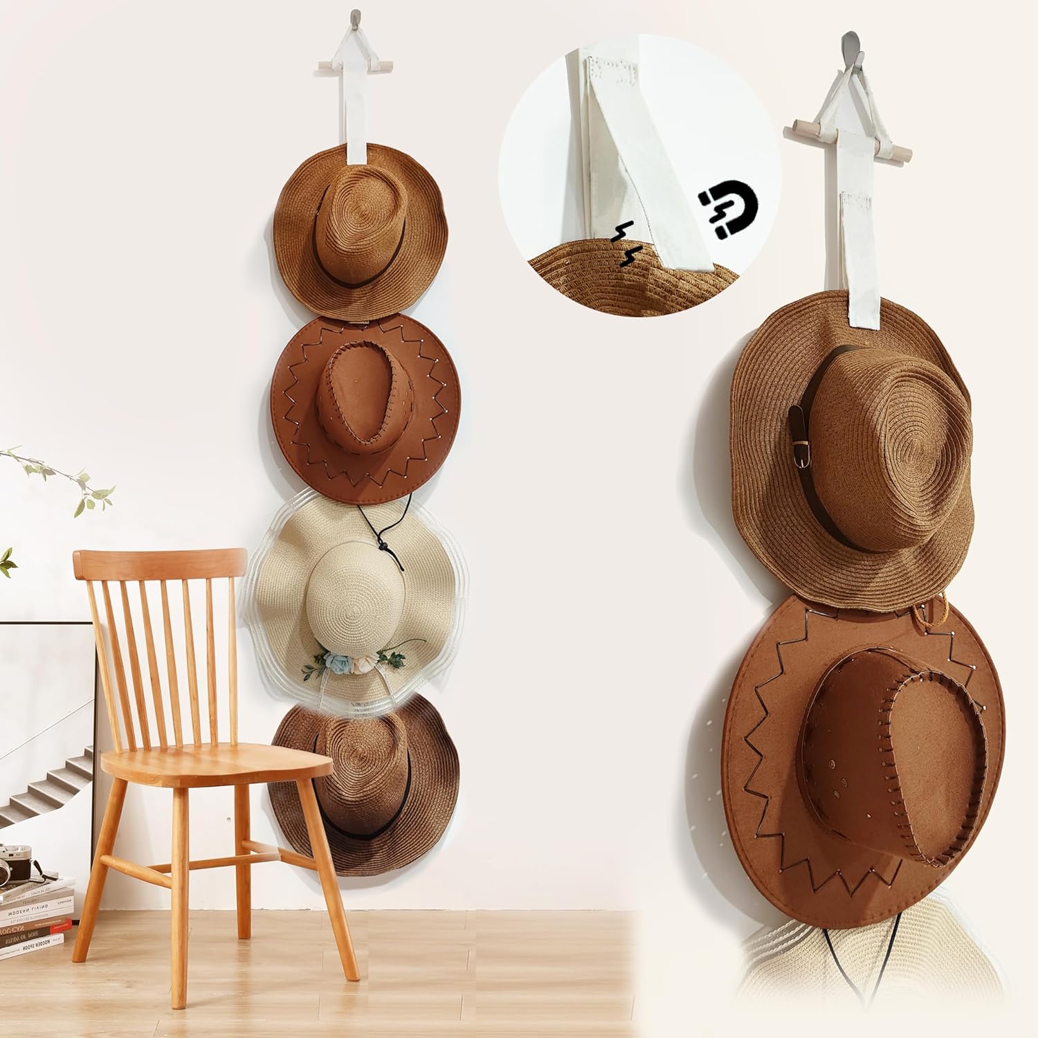 Perchas para sombreros de pared con diseño magnético para colgar en la pared, organizador de gorras para sombreros de ala ancha y varios sombreros