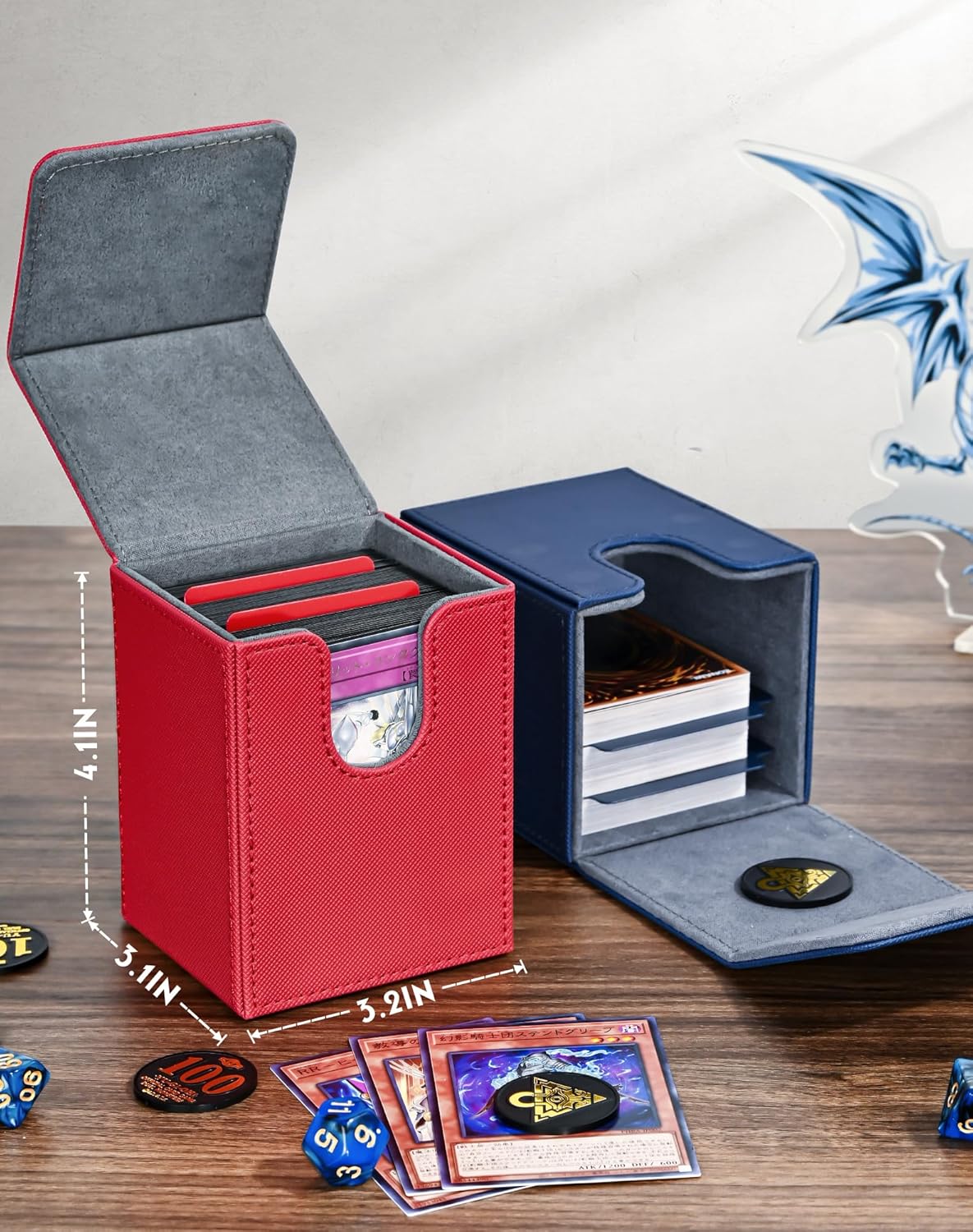 UAONO Caja de cartas para tarjetas Yugioh MTG, más de 100 fundas con 2 divisores para TCG CCG, caja de almacenamiento de tarjetas de piel sintética