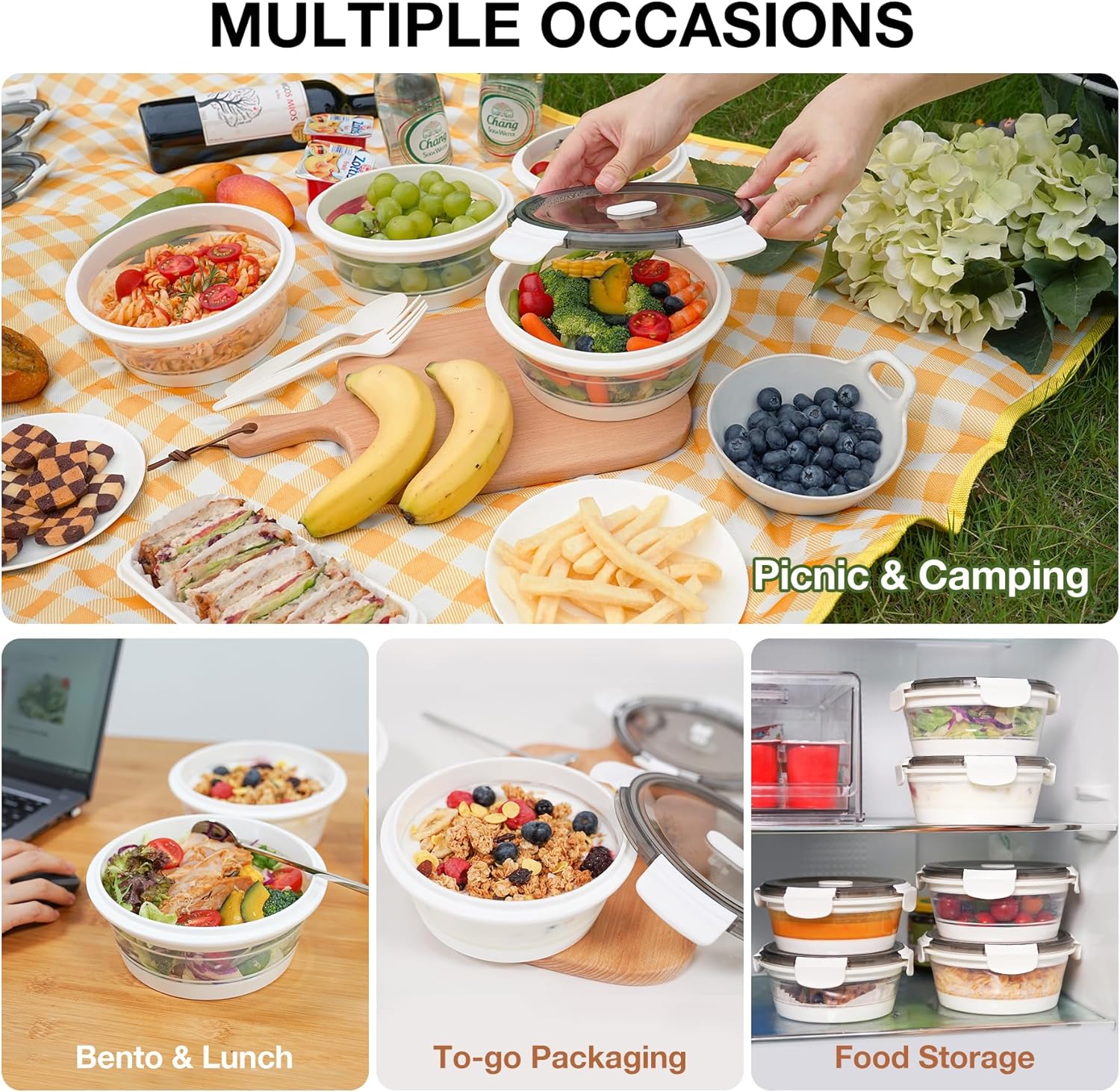 Paquete de 2 recipientes plegables de almacenamiento de alimentos con tapa, cuencos herméticos para comidas, caja de comida para viajes, picnic,