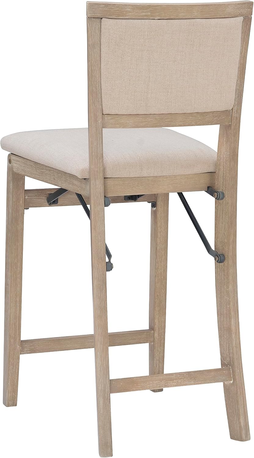 Linon Keira Taburete plegable de madera rústica natural con asiento tapizado beige y respaldo