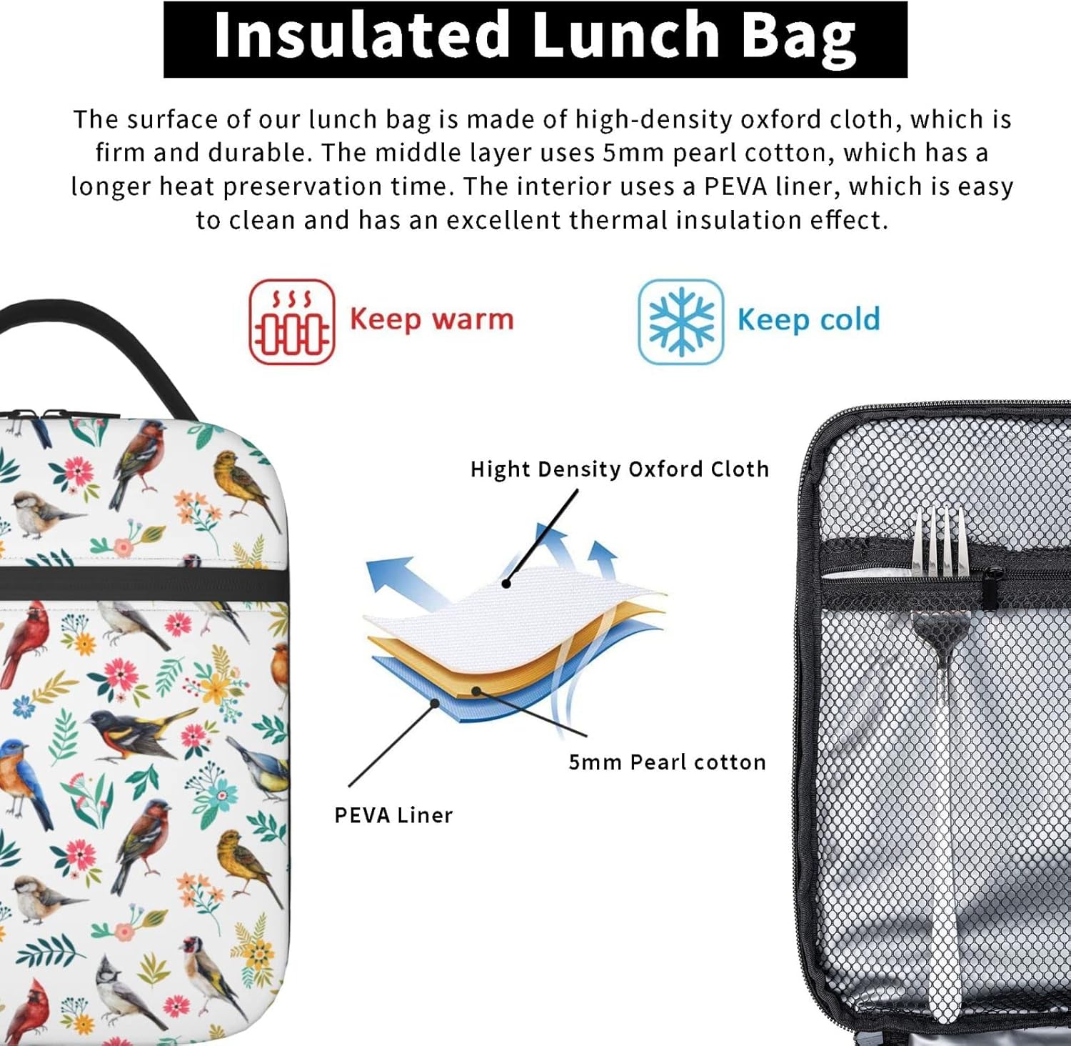 Lonchera con diseño de pájaros en acuarela, doble aislamiento, a prueba de fugas, bolsa de mano, organizador de almuerzo para trabajo, picnic,
