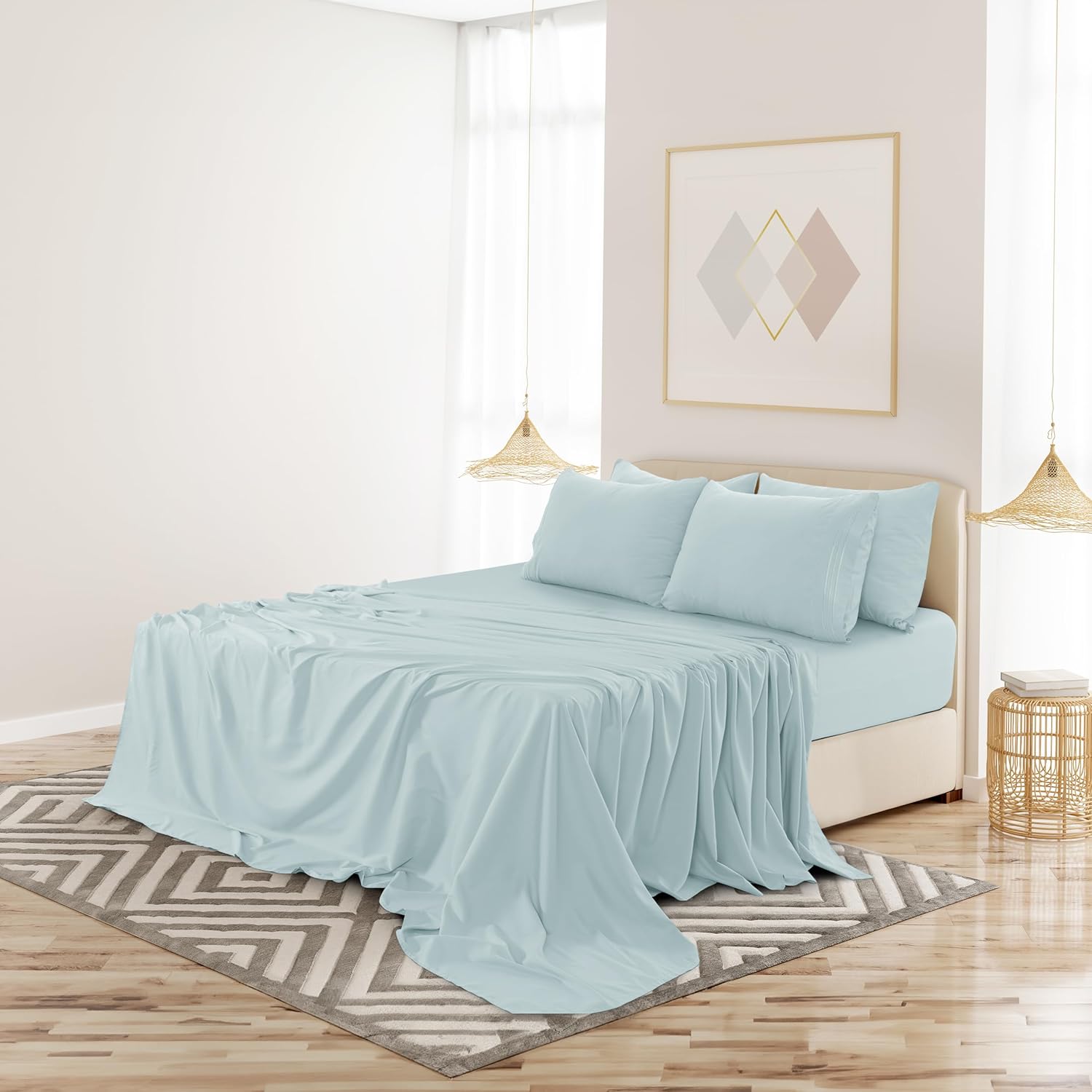 Lux Decor – Juego de sábanas de microfibra cepillada de 6 piezas con bolsillos de 16 pulgadas de profundidad, fundas de almohada bordadas y lisas,